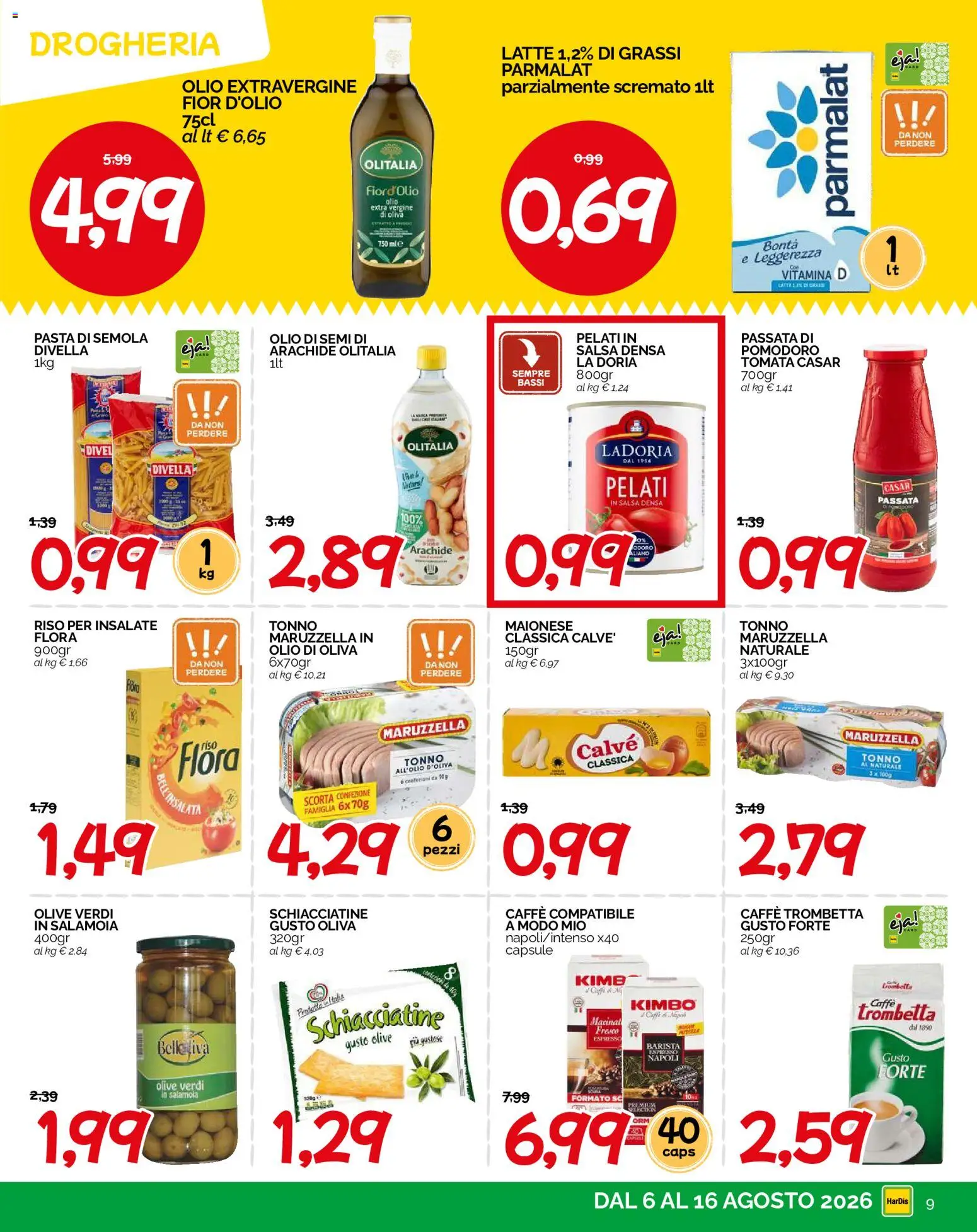 Volantino HarDis del 06/08/2026 | Pagina: 9 | Prodotti: Olio di semi, Riso, Pomodoro, Pasta