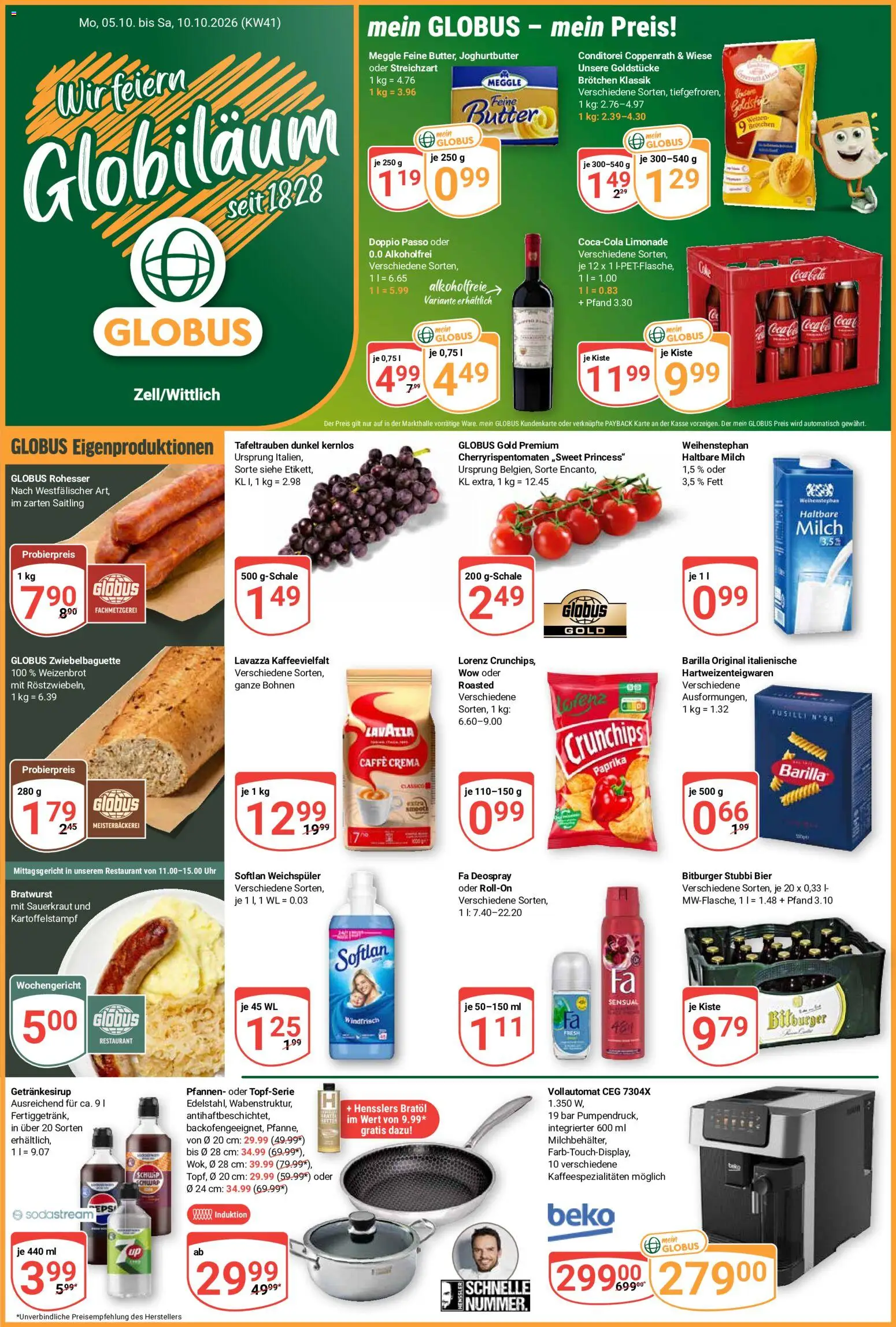 Globus Prospekt Zell – gültig ab 05.10.2026 | Seite: 1 | Produkte: Bier, Milch 3,5%, Weichspüler, Uhr