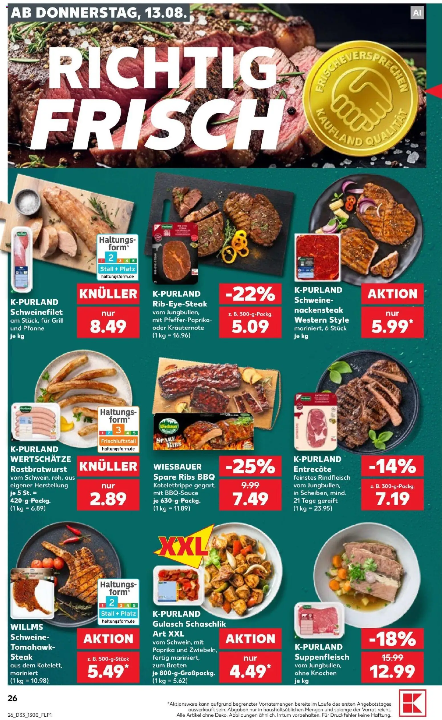 Kaufland Prospekt Bremen – gültig ab 13.08.2026 | Seite: 26 | Produkte: Schweinefilet, Suppenfleisch, Rindfleisch, Steak
