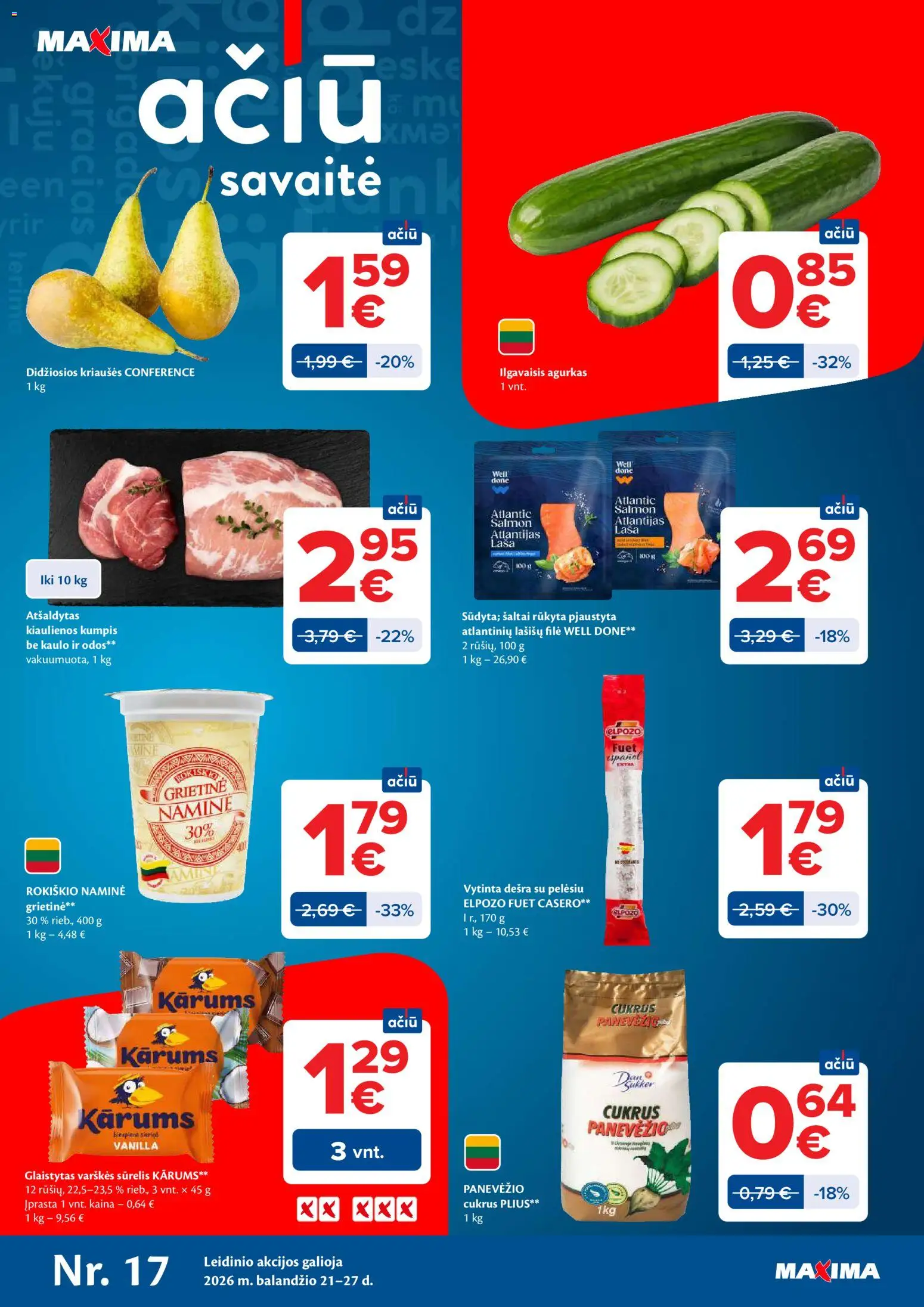 MAXIMA akcijos nuo 21.04.2026 | Puslapis: 1 | Prekių: Sūrelis, Lašišų filė, Cukrus, Grietinė