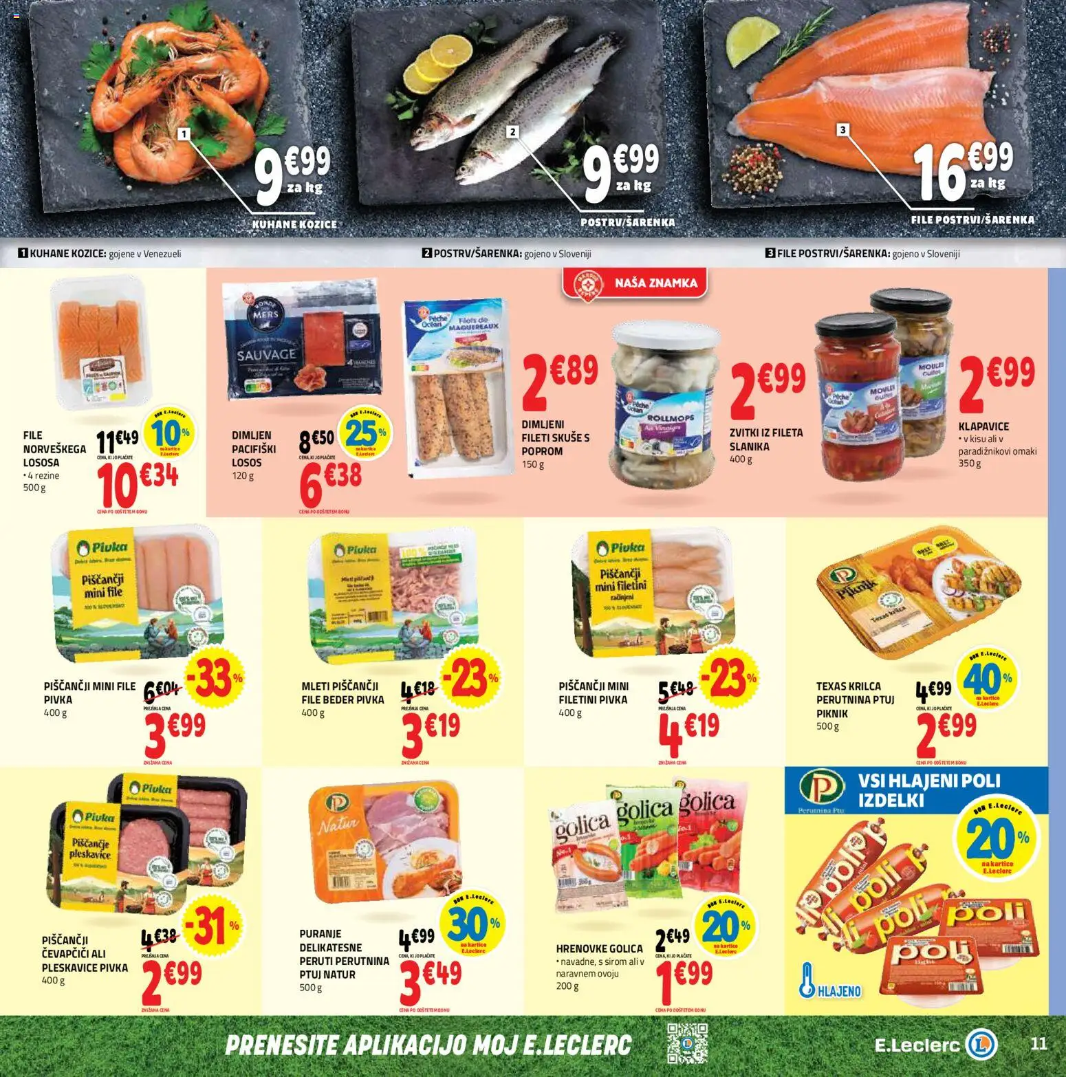Novi E.leclerc katalog ponudbe – veljaven od 10.06.2026 | Stran: 11 | Izdelki: Hrenovke, Čevapčiči, Kozice, Losos