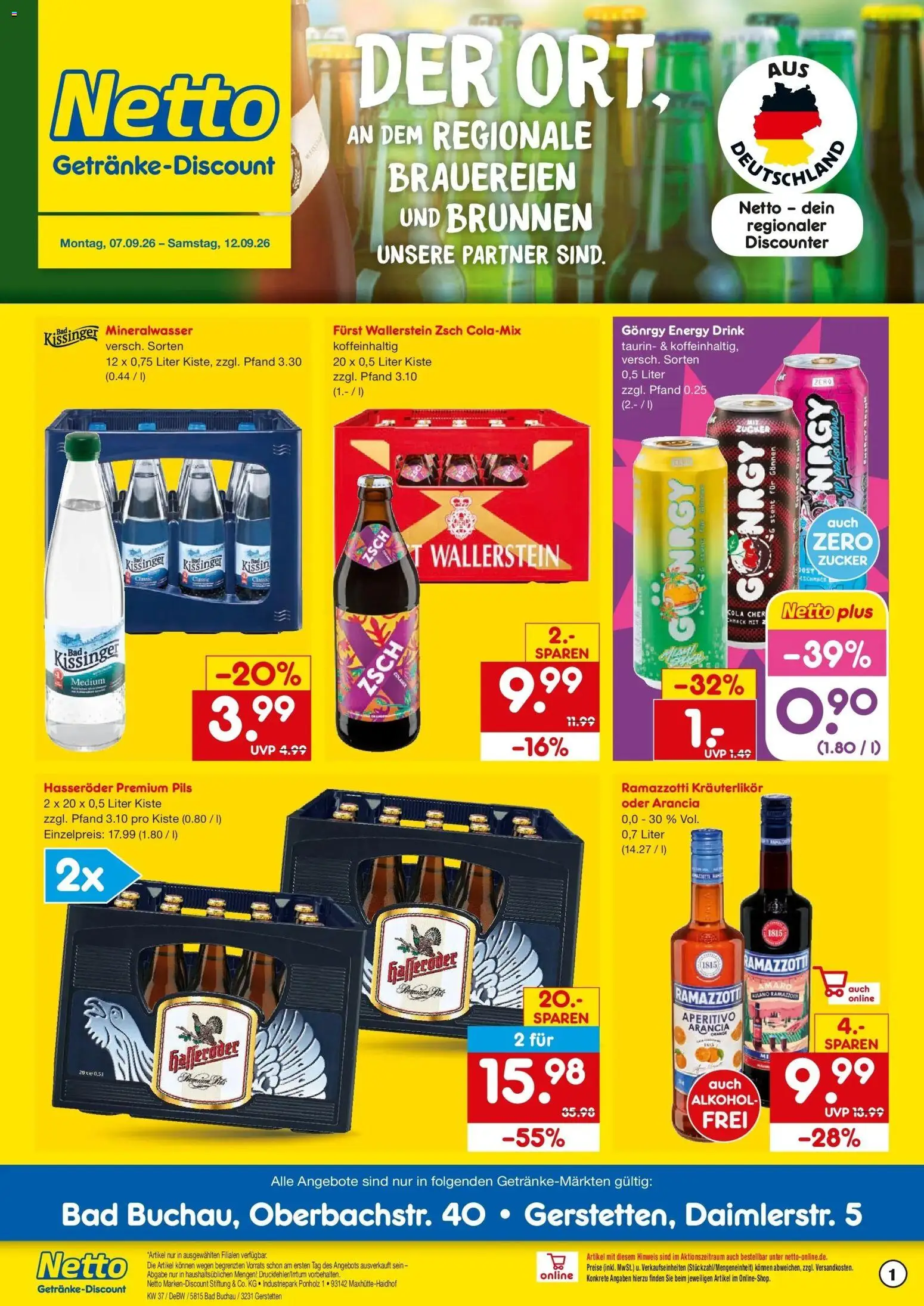Netto Marken-Discount Prospekt Gerstetten – gültig ab 07.09.2026 | Seite: 1 | Produkte: Bad, Mineralwasser, Alkohol, Zucker
