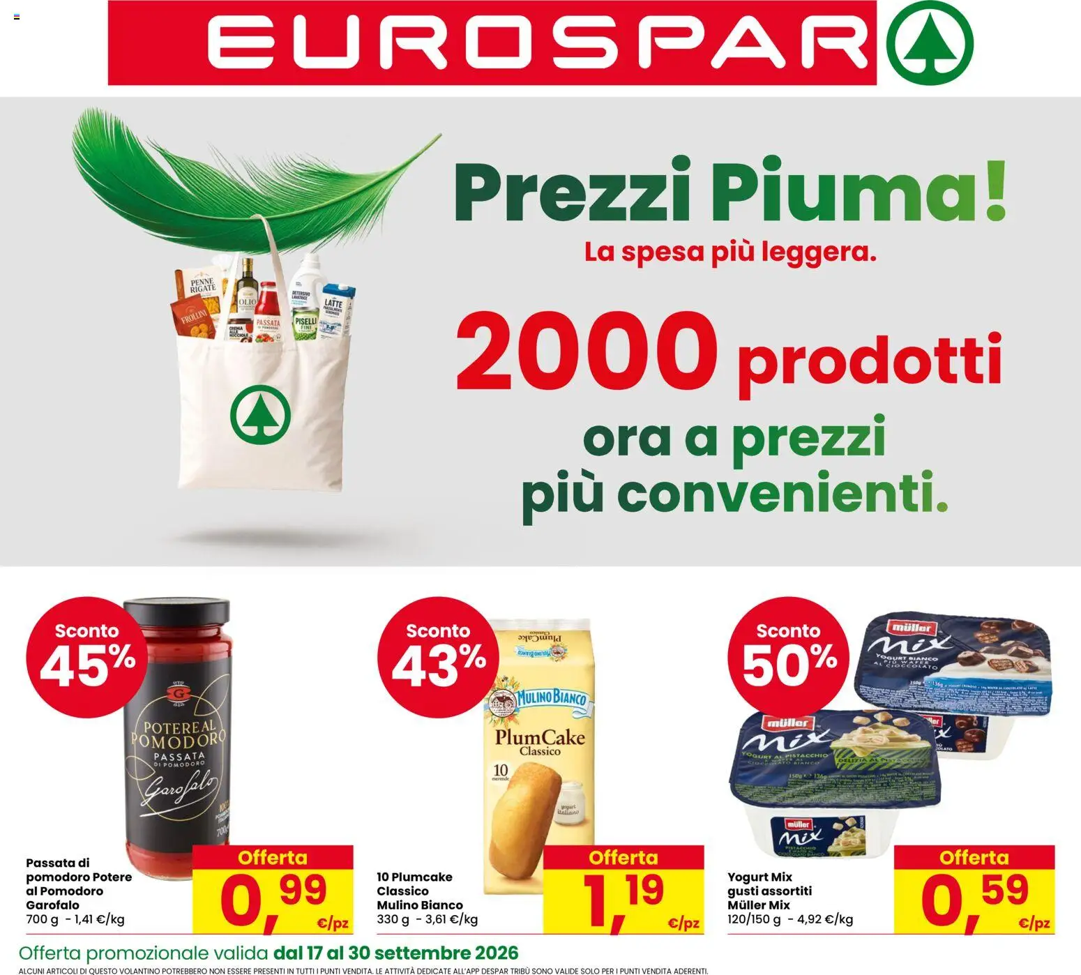 Volantino Eurospar del 17/09/2026 | Pagina: 1 | Prodotti: Crema, Garofalo, Pomodoro, Yogurt bianco