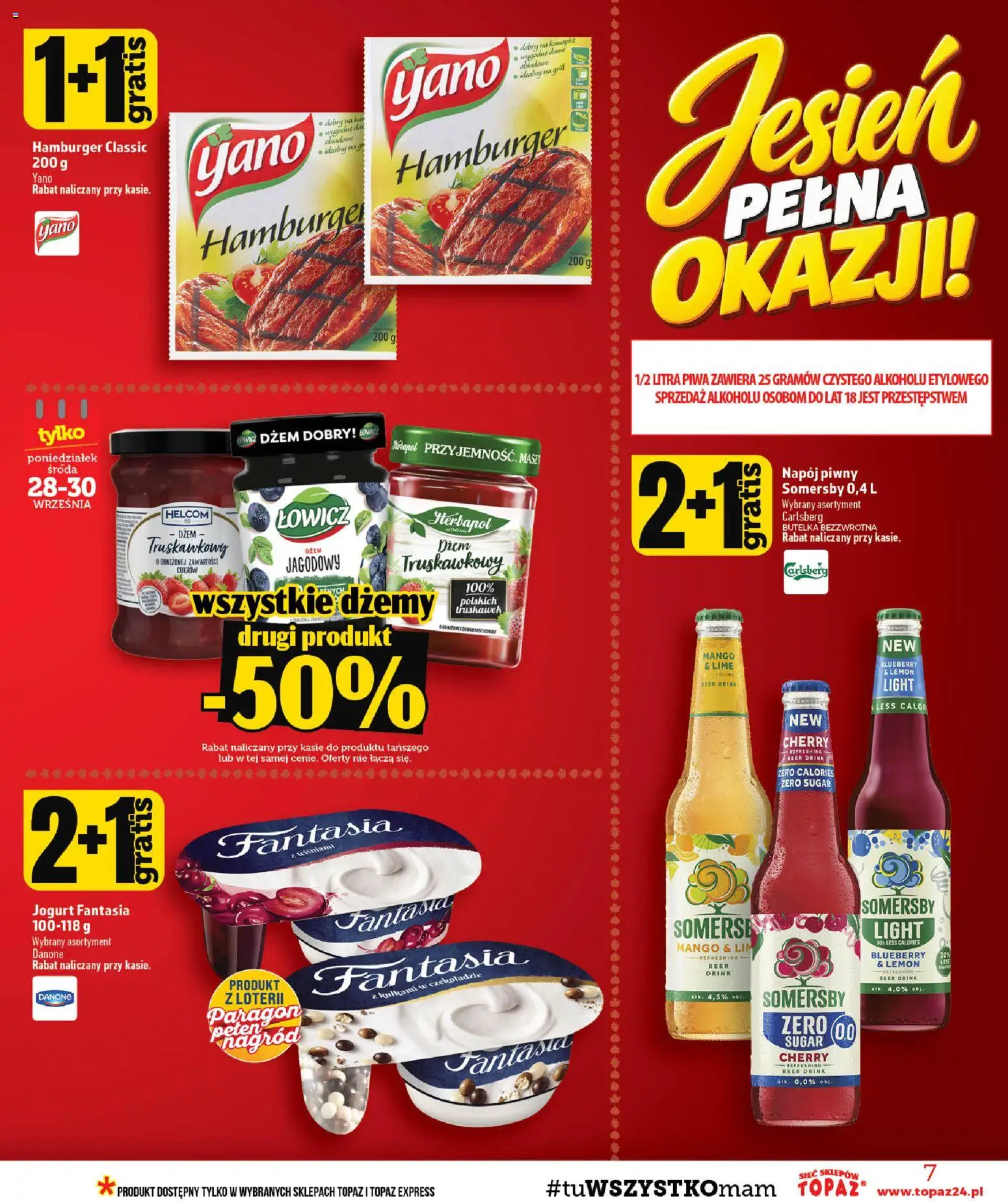Topaz gazetka - Ceny małe na stałe od 24.09.2026 | Strona: 7 | Produkty: Mango, Hamburger, Dżem, Somersby