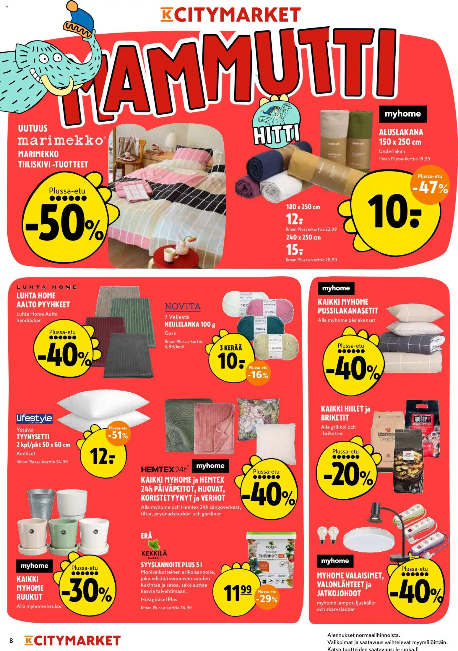K-Citymarket tarjoukset – voimassa 13/08/2026 alkaen | Sivu: 8 | Tuotteet: Tyynysetti, Pyyhkeet, Aluslakana, Hiilet