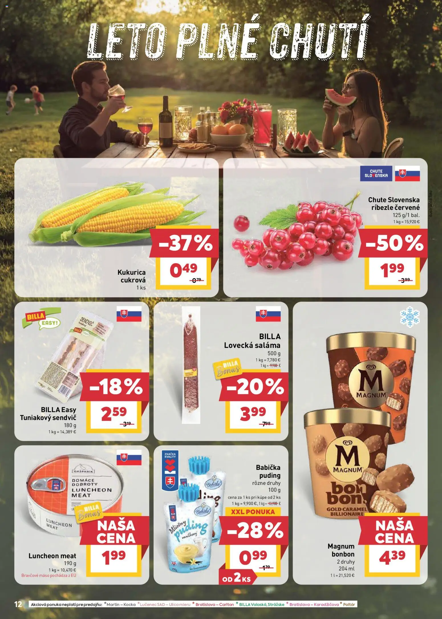 Nové Billa akcie – leták je platný od 29.07.2026 | Strana: 12 | Produkty: Saláma, Mäso, Magnum, Kukurica
