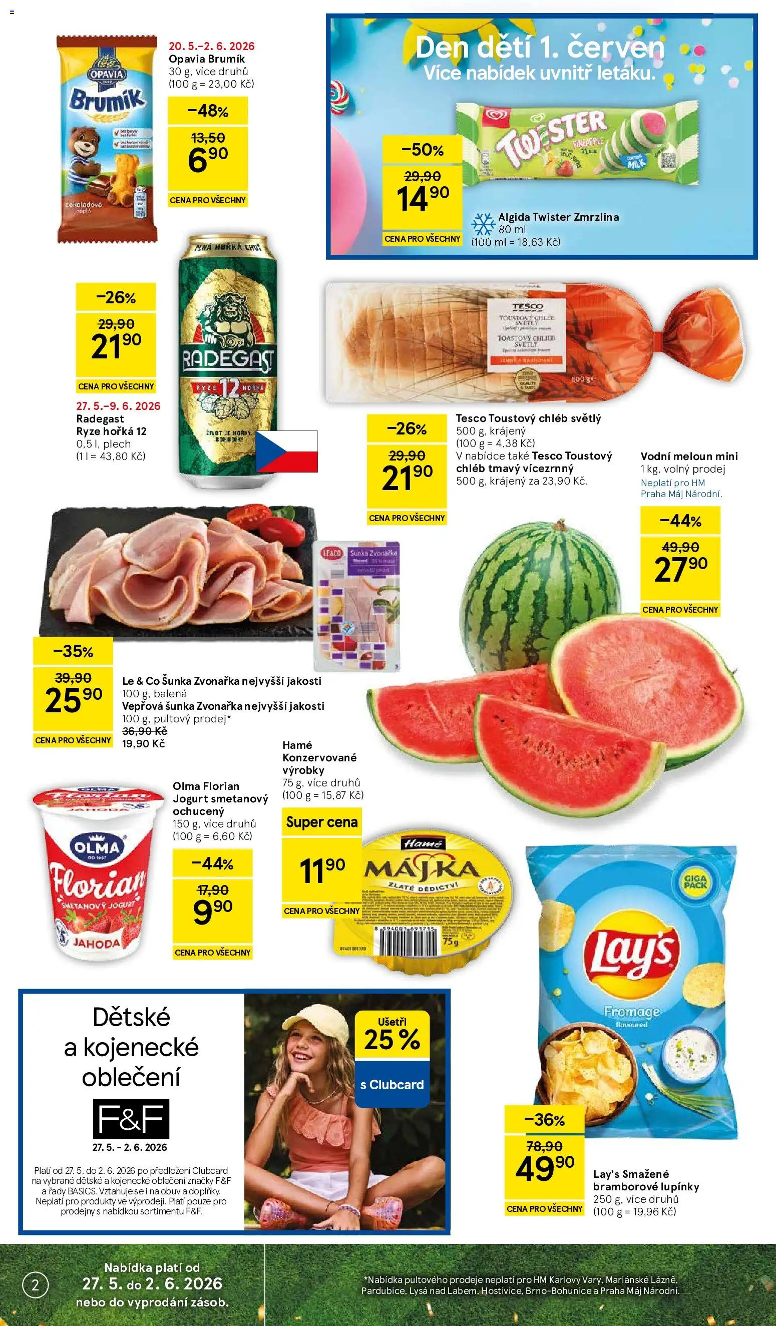 Tesco leták - Hypermarket od 27.05.2026 | Strana: 2 | Produkty: Chléb, Šunka, F&F, Kojenecké oblečení