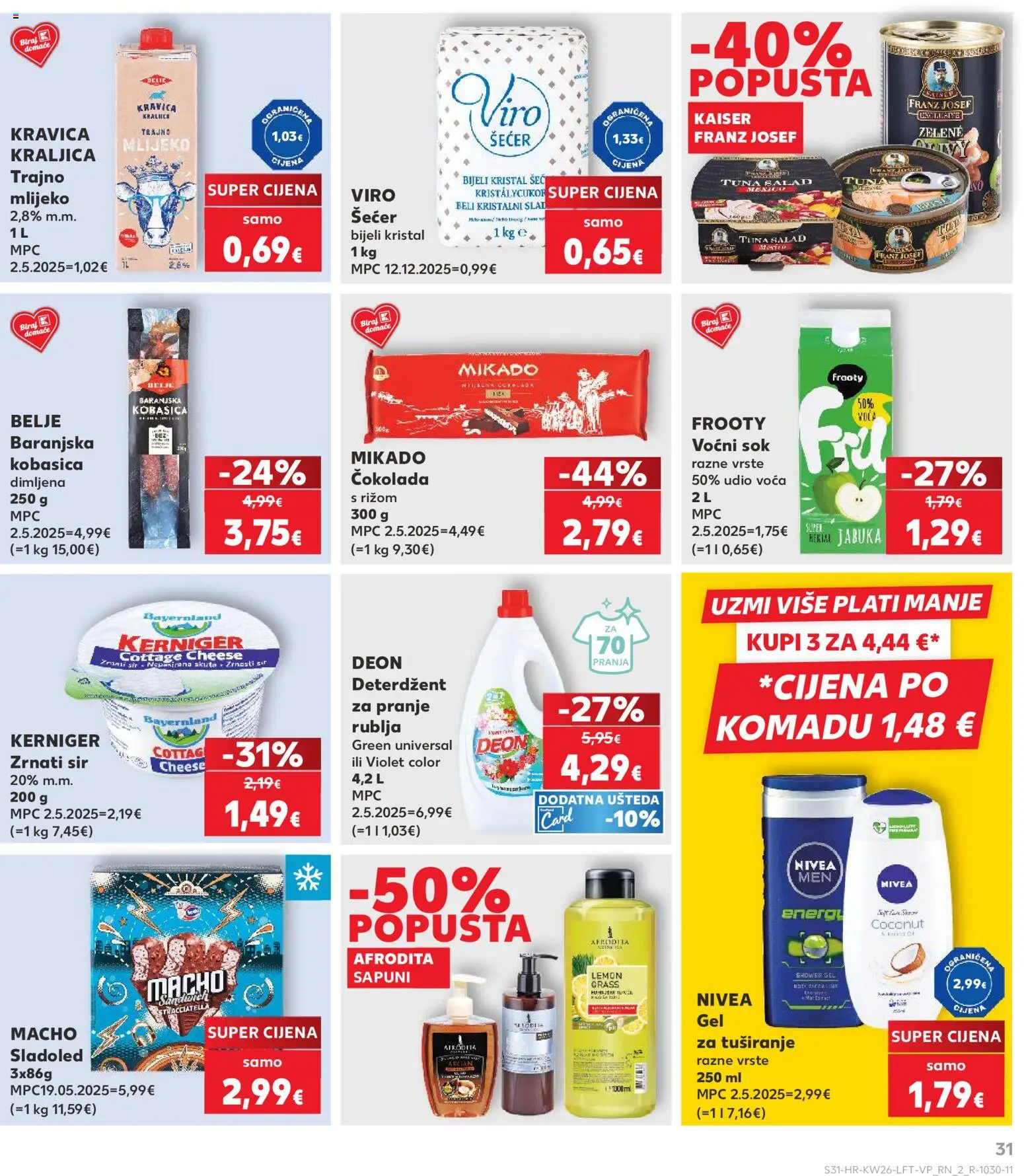Kaufland HR akciós ujság - amely érvényes a következő dátumtól: 2026.06.24. | Oldal: 31 | Termékek: Kristálycukor, Cottage cheese