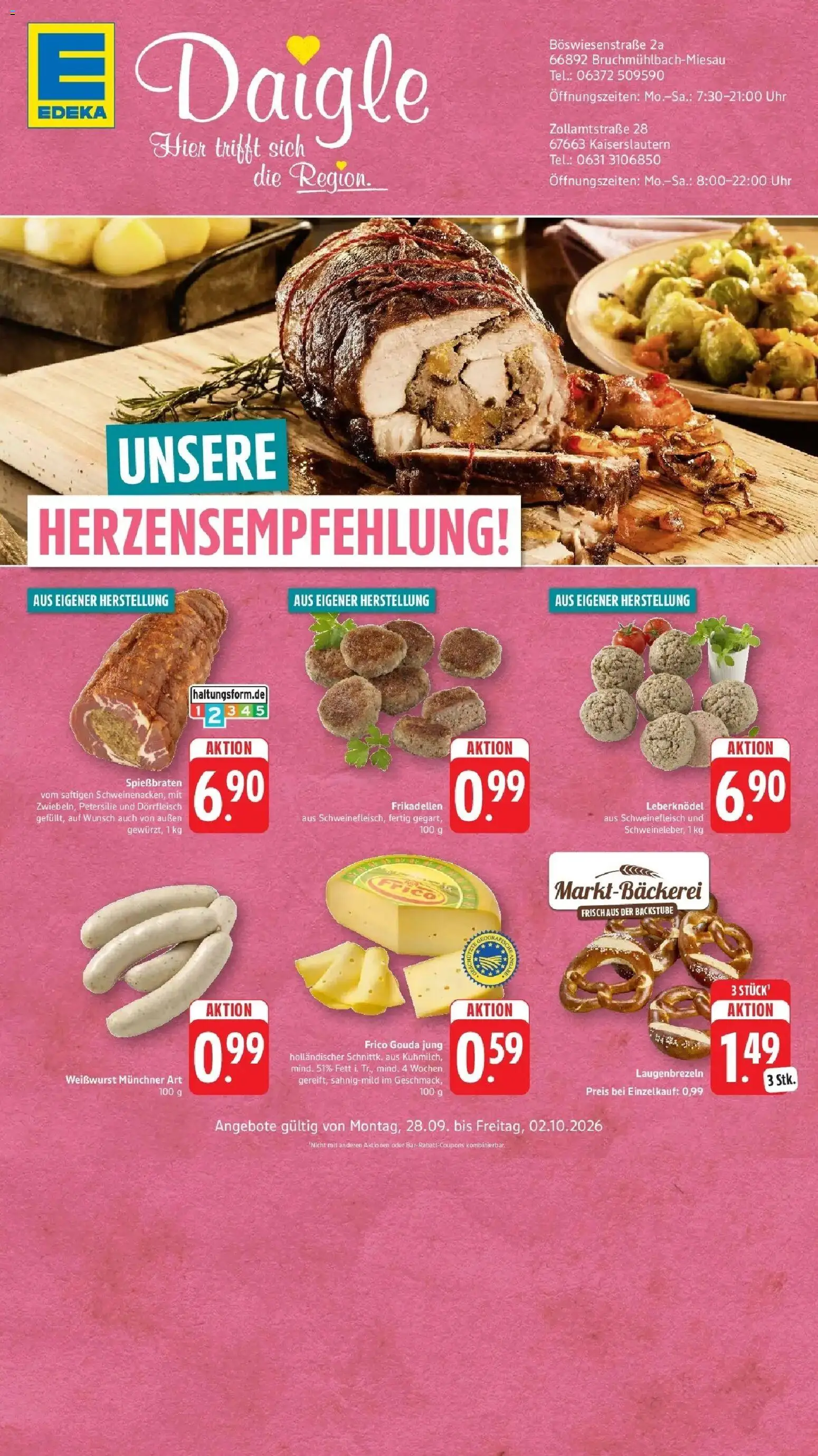 Edeka Prospekt Kaiserslautern – gültig ab 28.09.2026 | Seite: 1 | Produkte: Leberknödel, Petersilie, Schweinefleisch, Uhr