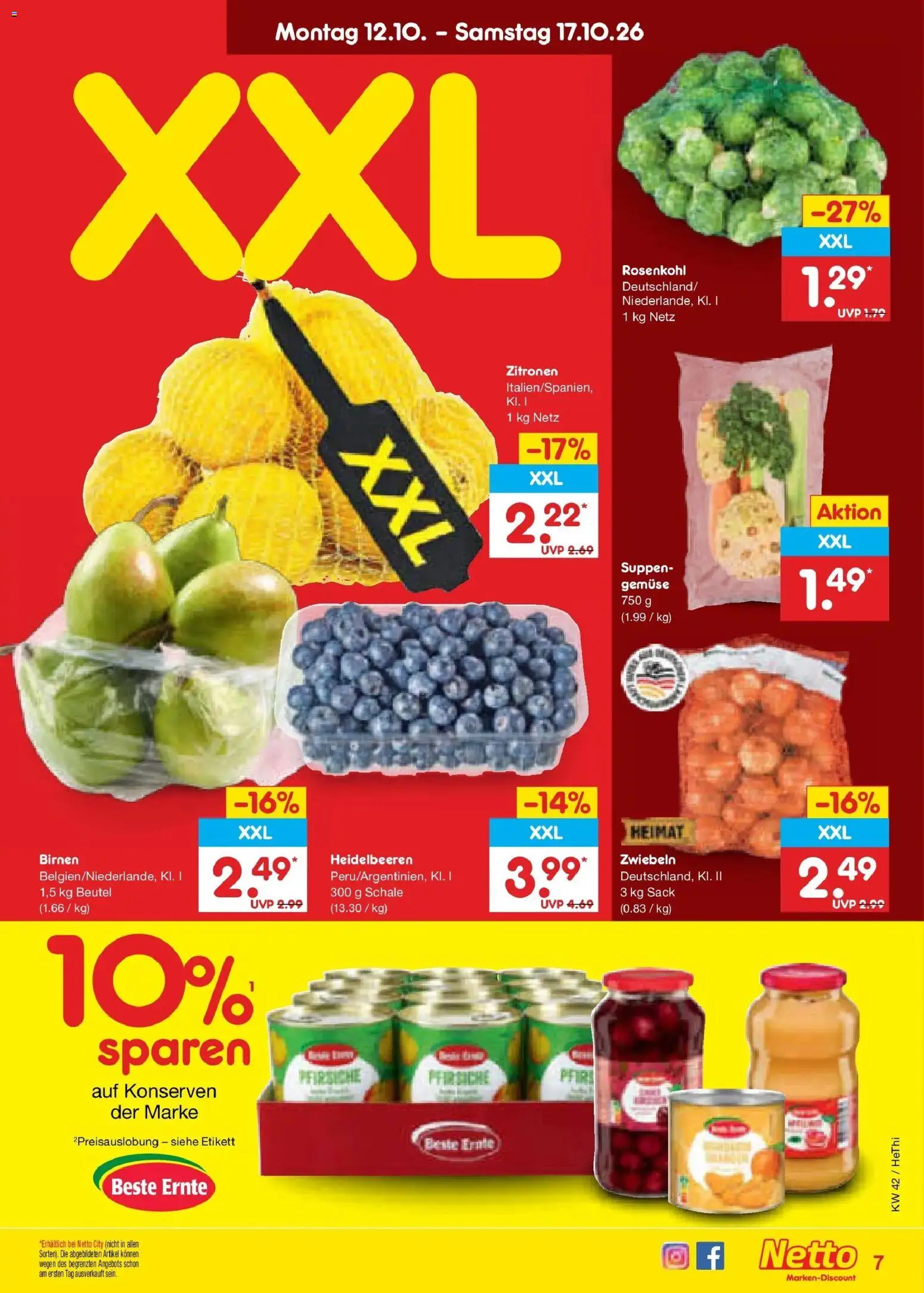 Netto Marken-Discount Prospekt Rostock – gültig ab 12.10.2026 | Seite: 7 | Produkte: Heidelbeeren, Zwiebeln, Gemüse, Zitronen