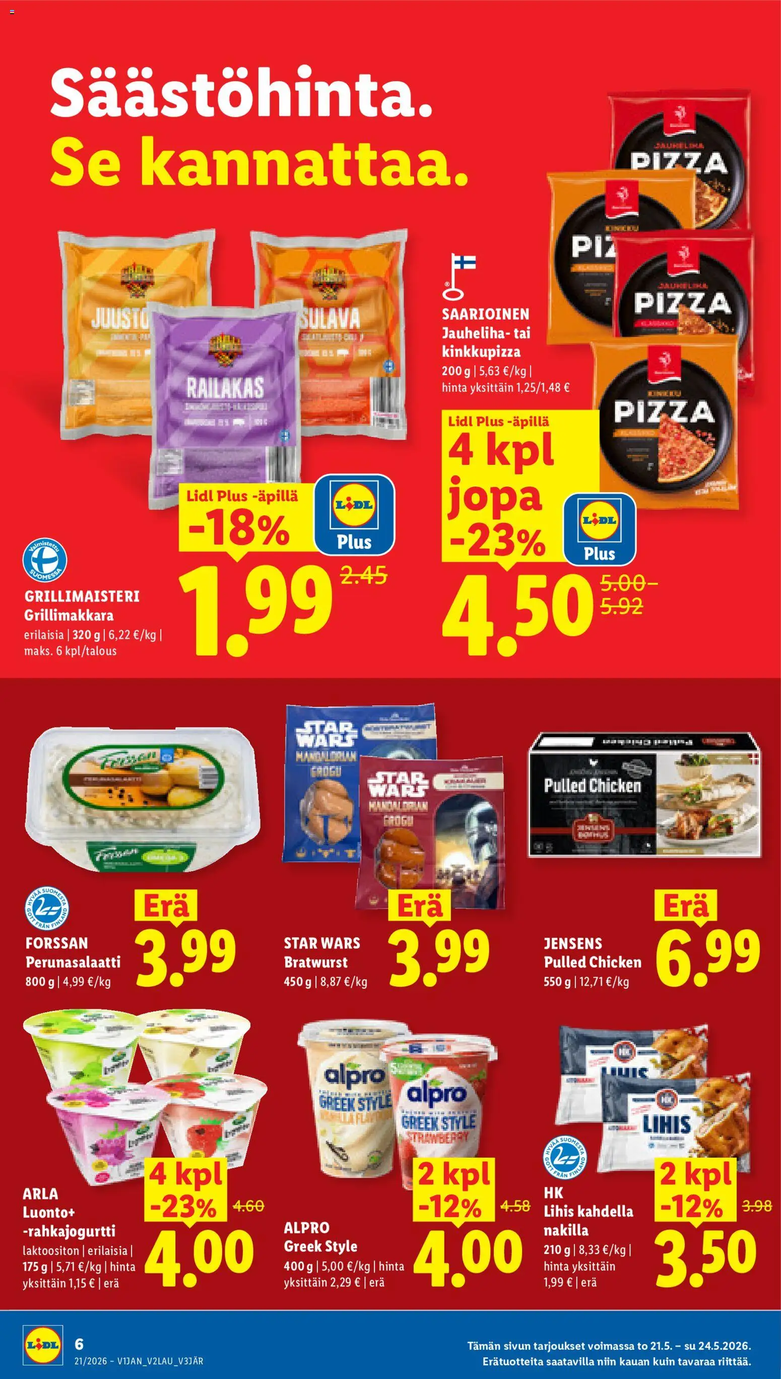 Lidl tarjoukset - Helsinki – voimassa 21.05.2026 alkaen | Sivu: 6 | Tuotteet: Juusto, Perunasalaatti, Pizza, Grillimakkara
