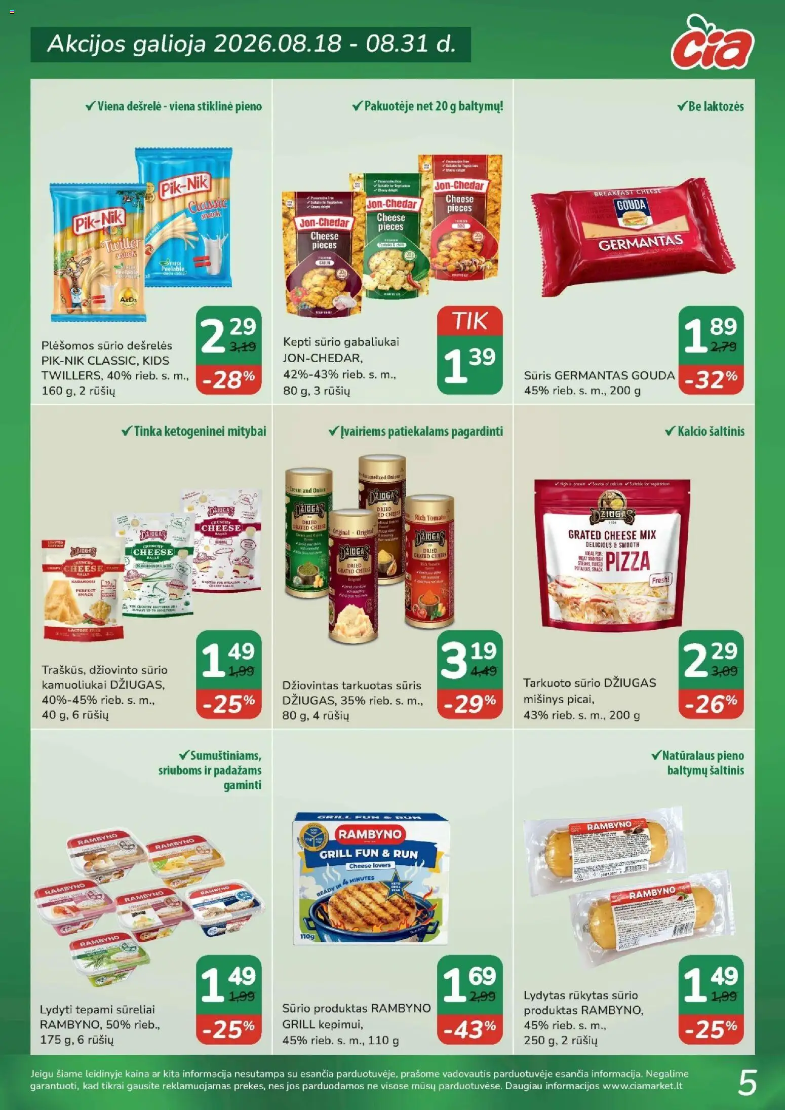 ČIA MARKET akcijos nuo 2026.08.18 | Puslapis: 5 | Prekių: Dešrelės, Sūris, Tarkuotas sūris