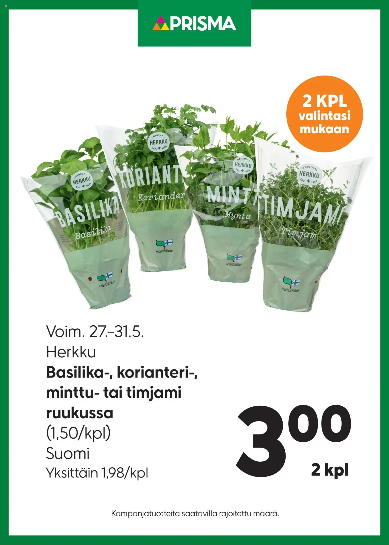 Prisma tarjoukset yrtit – voimassa 27.05.2026 alkaen | Sivu: 1 | Tuotteet: Minttu, Basilika, Korianteri, Timjami