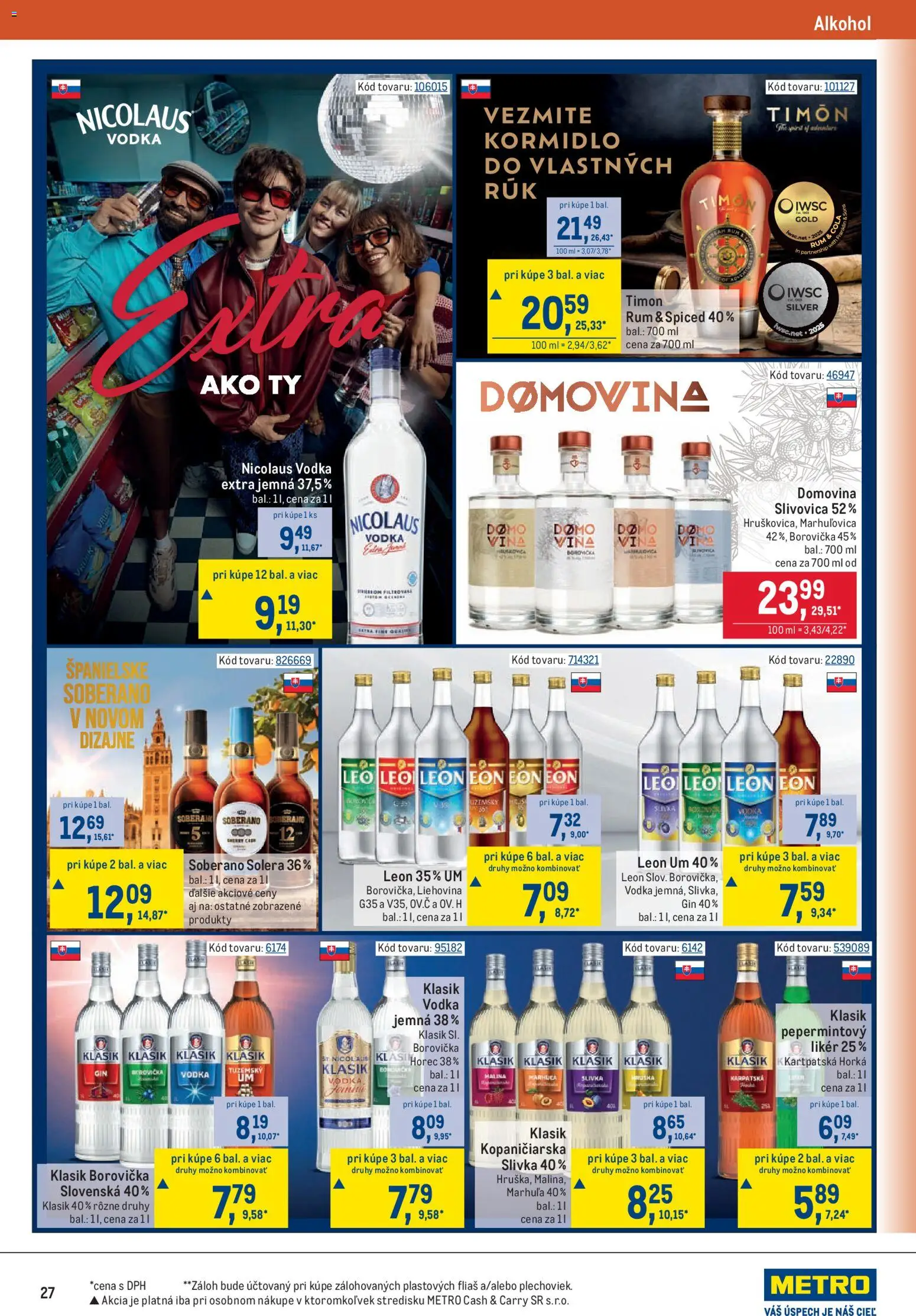 Nové Metro akcie – leták je platný od 15.07.2026 | Strana: 27 | Produkty: Borovička, Soberano, Slivovica, Vodka