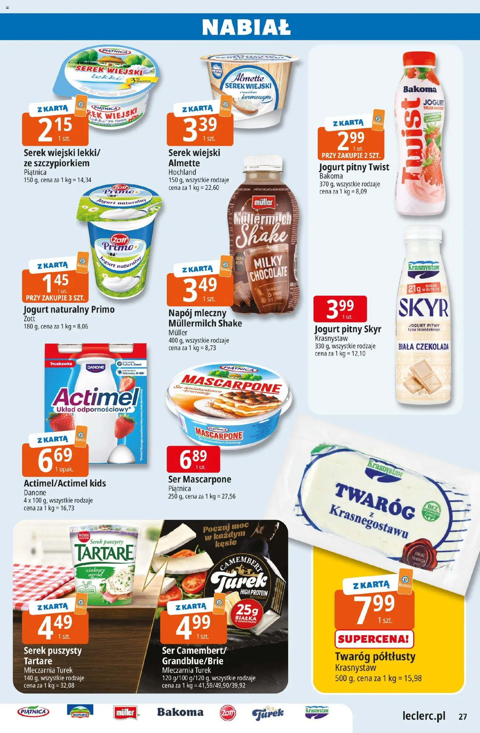 E.Leclerc gazetka - Radom od 10.03.2026 | Strona: 27 | Produkty: Karta, Jogurt pitny, Jogurt naturalny, Serek wiejski lekki
