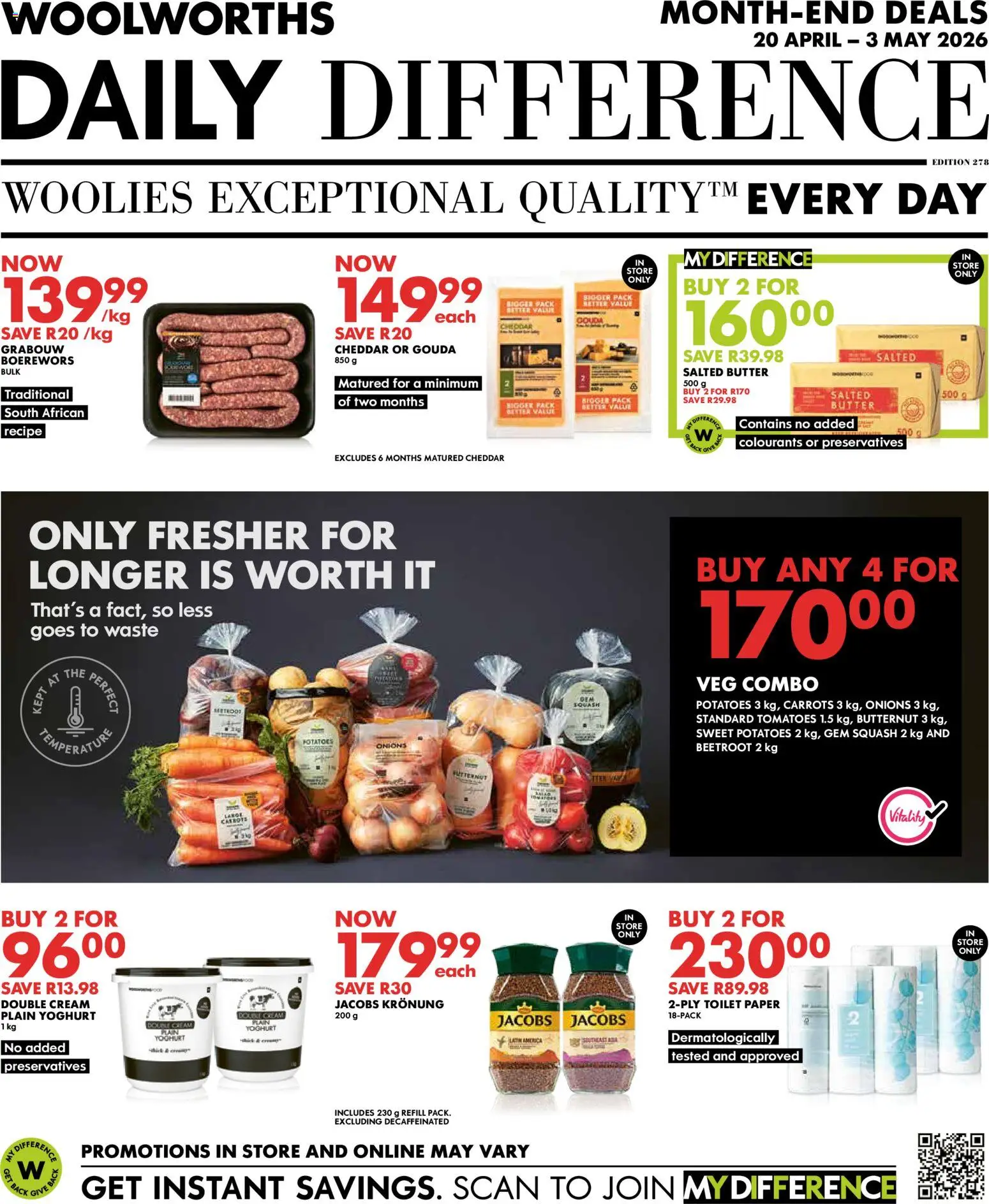 New Woolworths catalogue – valid from 20.04.2026 | Page: 1 | Products: Yoghurt, Boerewors, Tomatoes, Toilet paper