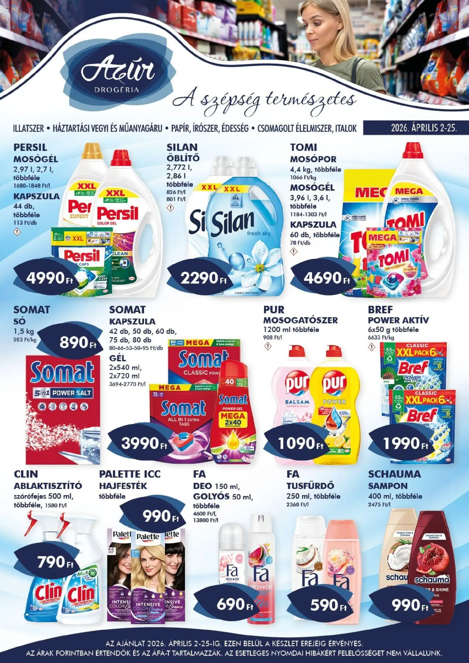 Azur akciós ujság - amely érvényes a következő dátumtól: 02.04.2026 | Oldal: 1 | Termékek: Persil, Somat, Mosógél, Tusfürdő
