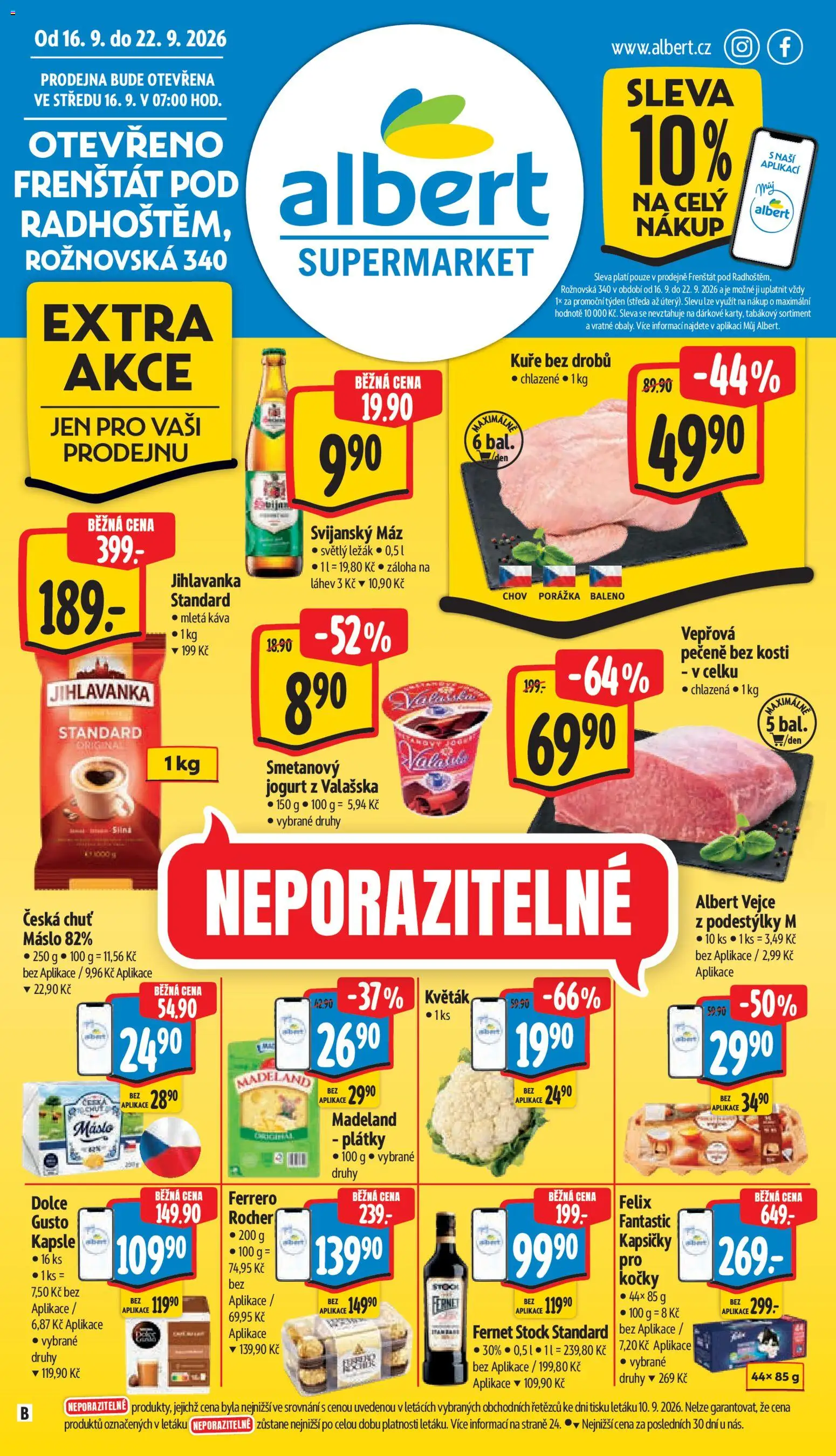 Albert leták - Supermarket -  	Frenštát pod Radhoštěm od 16.09.2026 | Strana: 1 | Produkty: Vepřová pečeně, Felix fantastic, Jogurt, Vejce