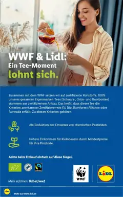 WWF & Lidl: Ein Tee-Moment lohnt sich., Zusammen mit dem WWF setzen wir auf zertifizierte Rohstoffe. 100% unseres gesamten Eigenmarken-Tees (Schwarz-, Grün- und Rooibostee) stammen aus zertifiziertem Anbau. Das heißt, dass dieser Tee die Kriterien anerkannter Zertifizierer wie EU Bio, Rainforest Alliance oder Fairtrade erfüllt. Zu diesen Kriterien gehören die Reduktion des Einsatzes von chemischen Pestiziden und höhere Einkommen für Kleinbauern durch Mindestpreise für ihre Produkte. ab 17.09.2026 gültig | Seite: 54 | Produkte: Tee