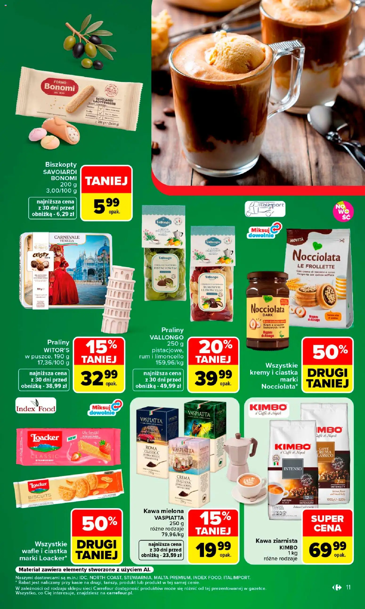 Carrefour gazetka - Kuchnia wloska od 10.08.2026 | Strona: 11 | Produkty: Wafle, Kawa ziarnista, Kawa, Ciastka