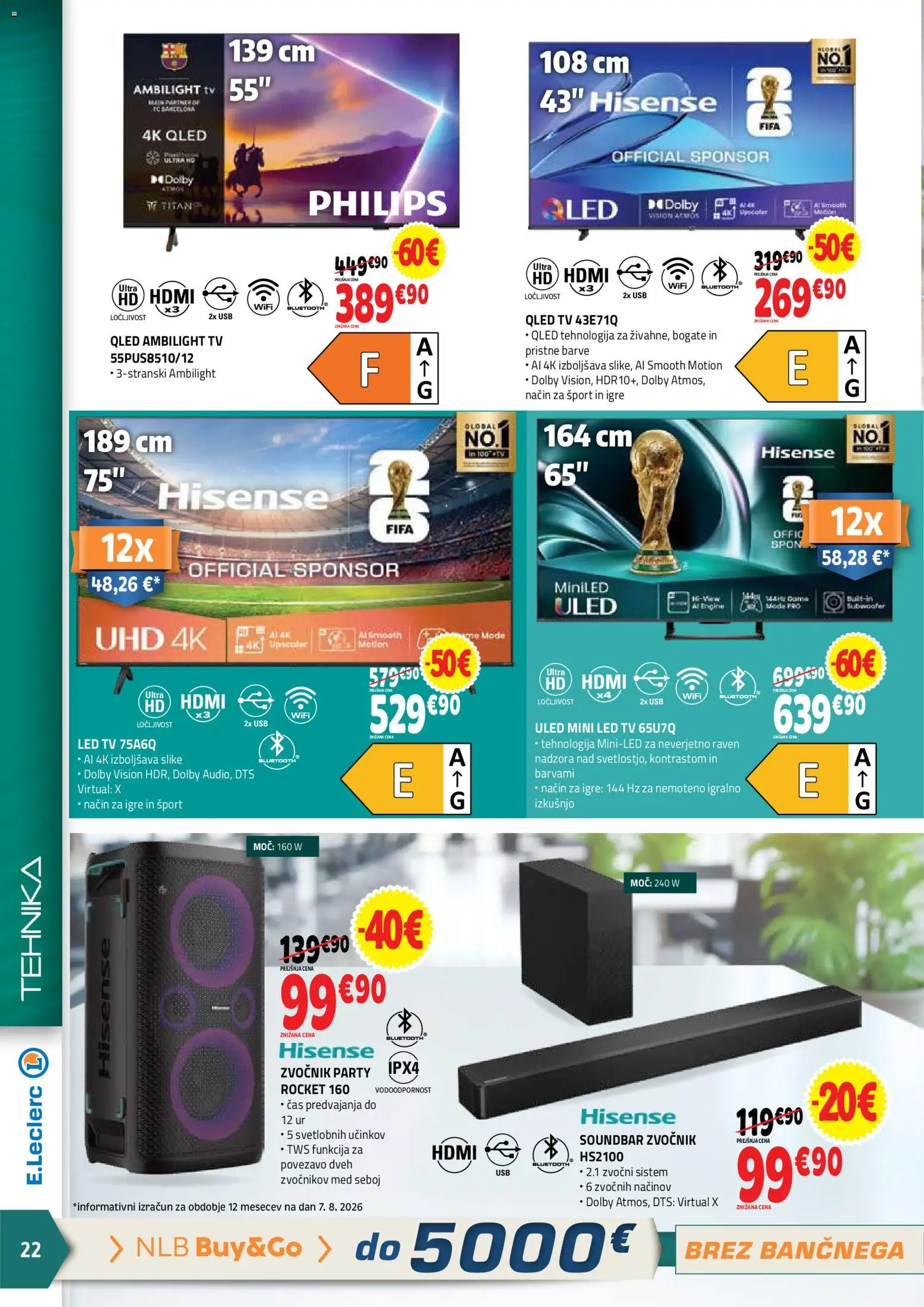 Novi E.leclerc katalog ponudbe – veljaven od 19.08.2026 | Stran: 22 | Izdelki: Tv, Zvocnik, Usb, Led tv