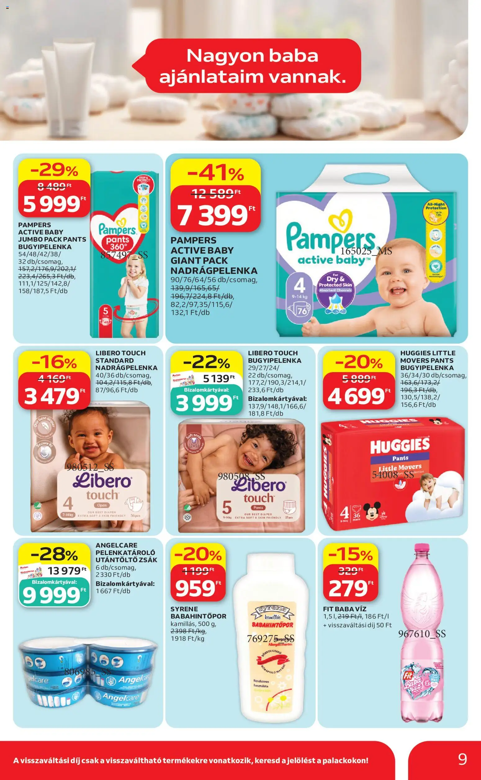 Auchan akciós ujság - amely érvényes a következő dátumtól: 2026.09.24. | Oldal: 9 | Termékek: Pampers, Baba víz, Bugyipelenka, Víz