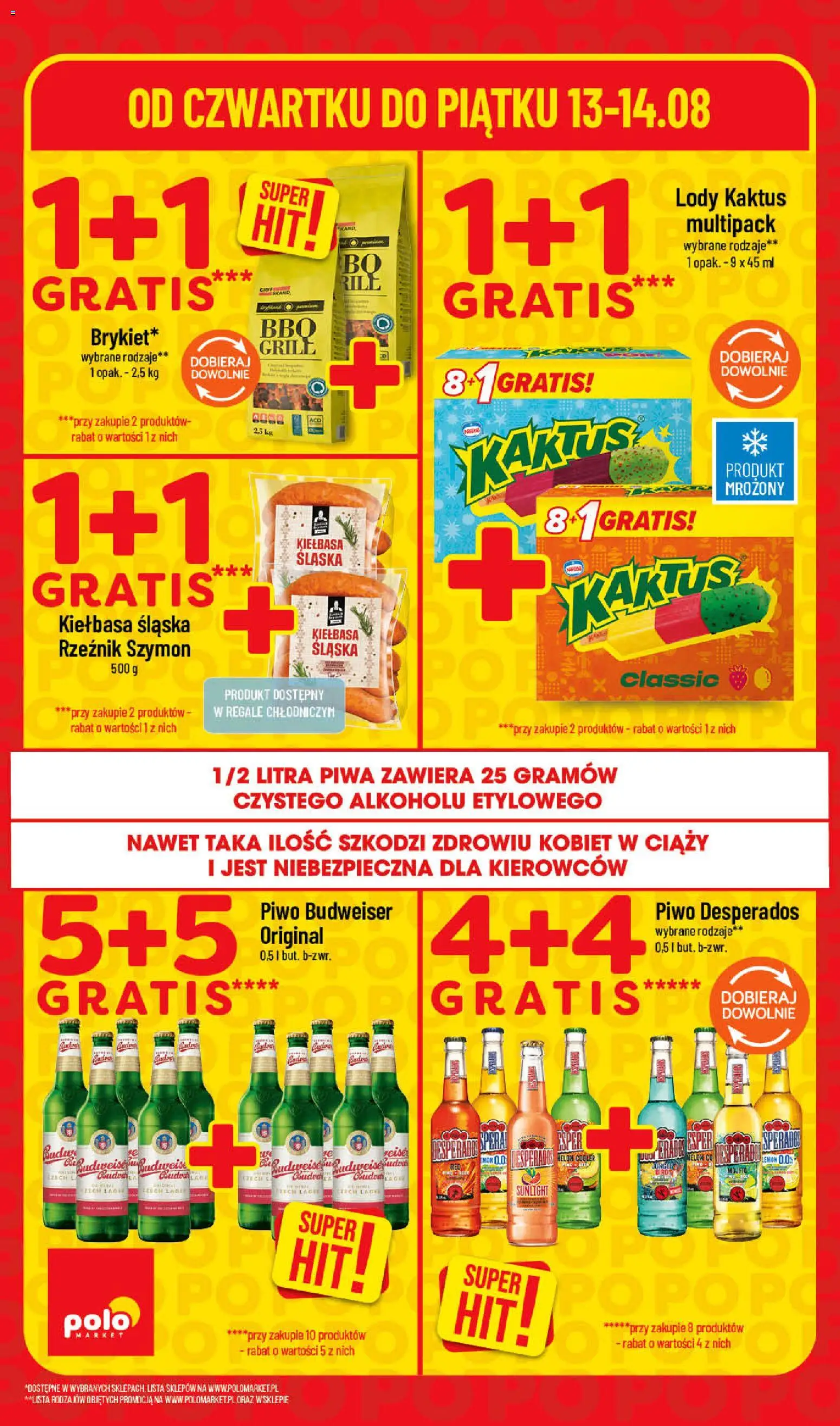 Nowa POLOmarket gazetka od jutra 13.08.2026 | Strona: 4 | Produkty: Budweiser, Kiełbasa, Piwo Budweiser, Desperados