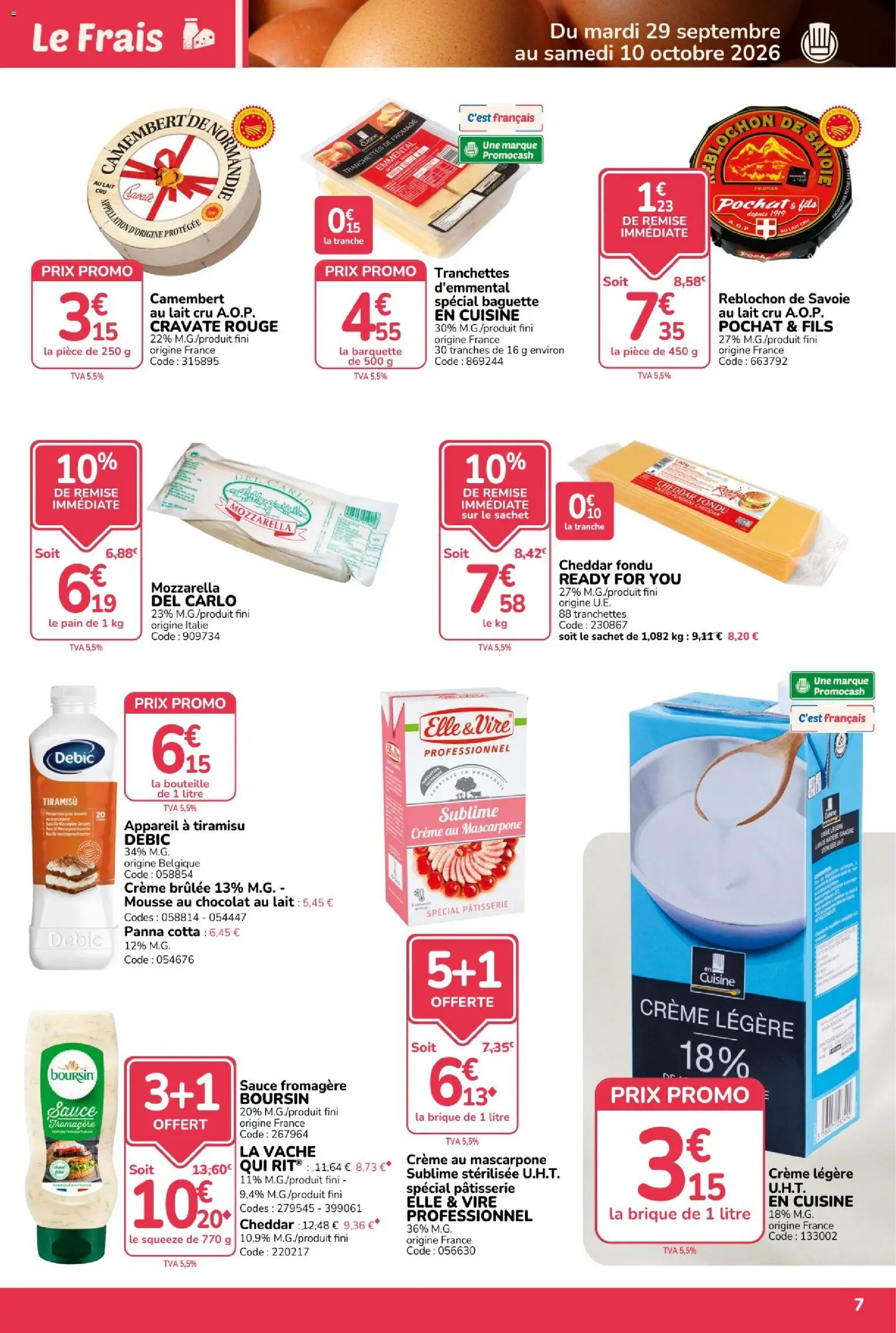 {H1} | Page: 7 | Produits: Emmental, Crème légère, Cheddar, Mascarpone