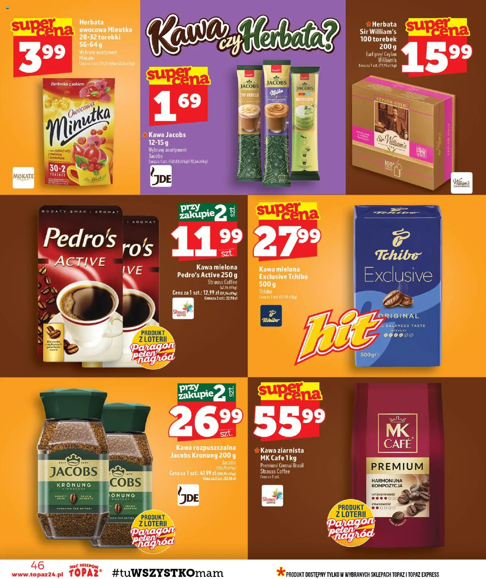 Topaz gazetka - Ceny małe na stałe od 24.09.2026 | Strona: 46 | Produkty: Herbata owocowa, Kawa ziarnista, Milka, Kawa