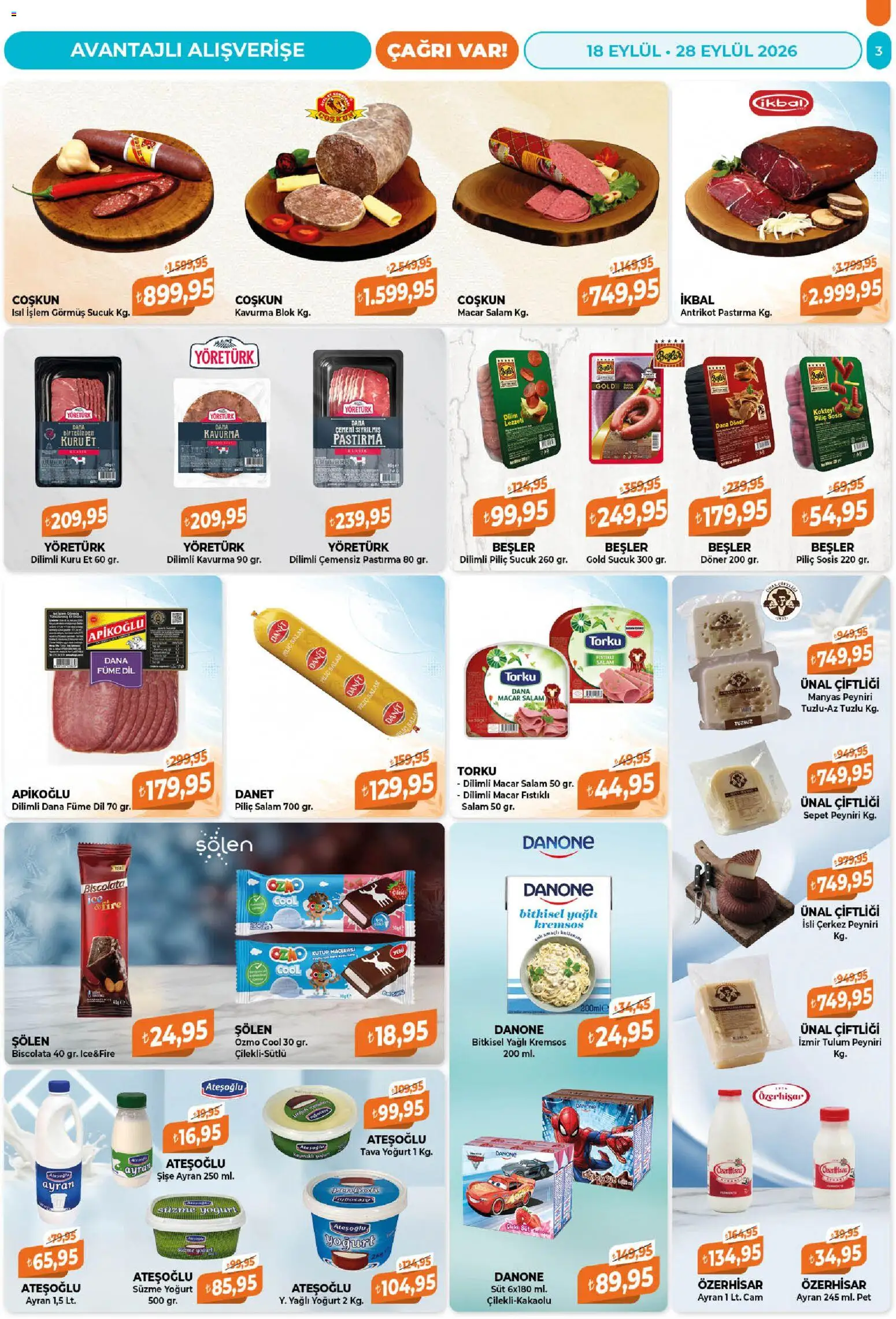 Çağrı Market Katalog - 18 Eylül 2026 tarihinden itibaren geçerlidir | Sayfa: 3 | Ürünler: Döner, Sepet, Yoğurt, Sucuk