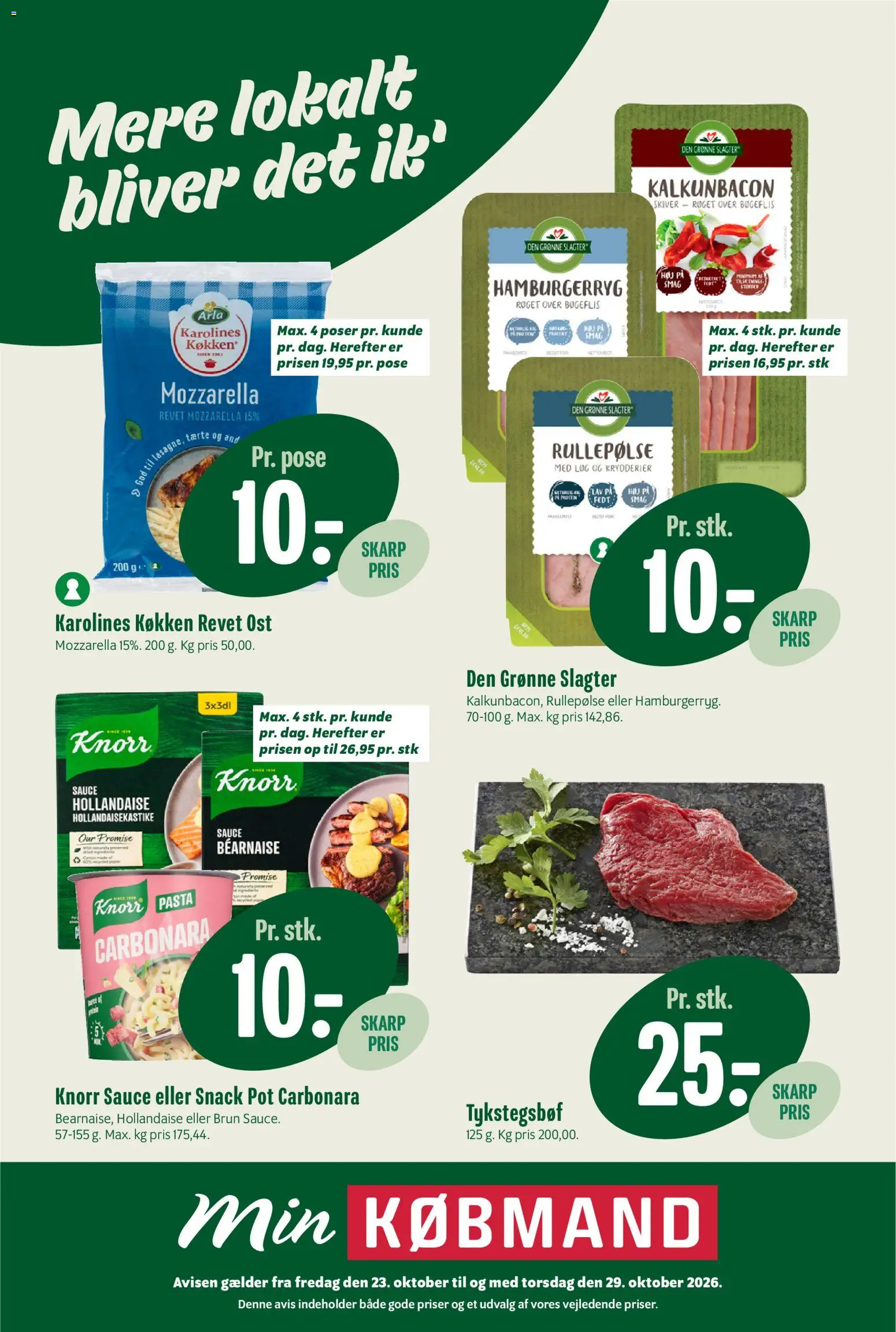 Min Købmand tilbudsavis – gyldig fra 23/10/2026 | Side: 1 | Produkter: Pasta, Løg, Hamburgerryg, Mozzarella