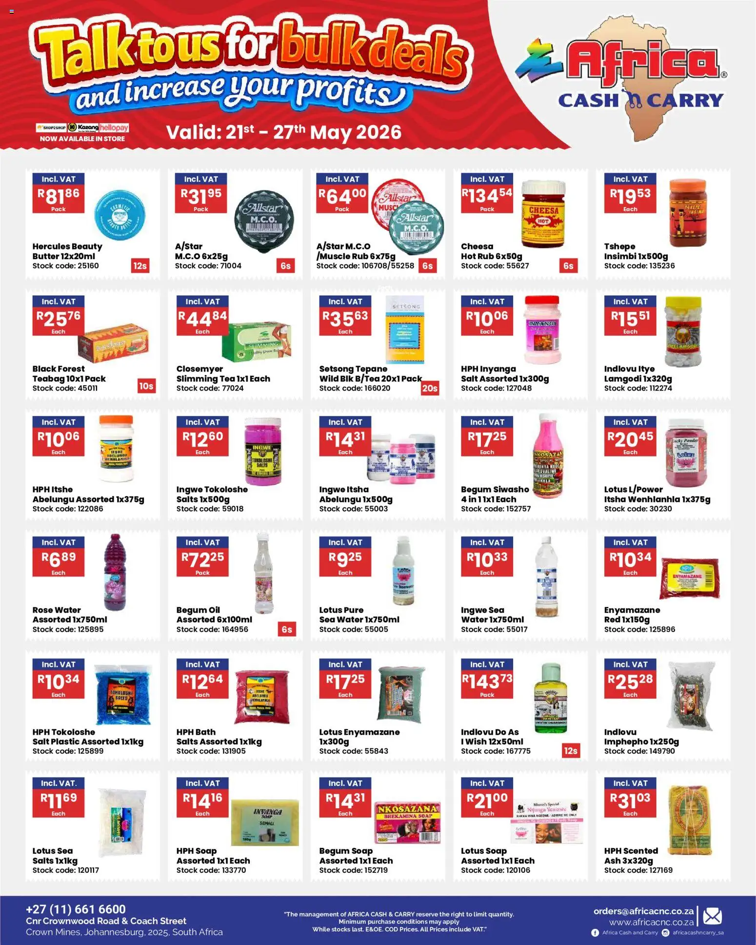 New Africa Cash & Carry catalogue – valid from 21.05.2026 | Page: 22 | Products: Butter, Tea, Soap, Water