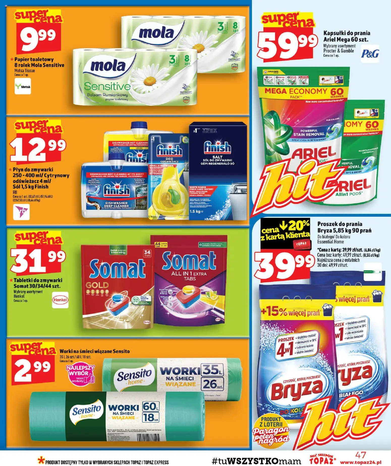 Topaz gazetka - Ceny małe na stałe od 01.10.2026 | Strona: 47 | Produkty: Zmywarka, Kapsułki do prania Ariel, Tabletki do zmywarki, Sól