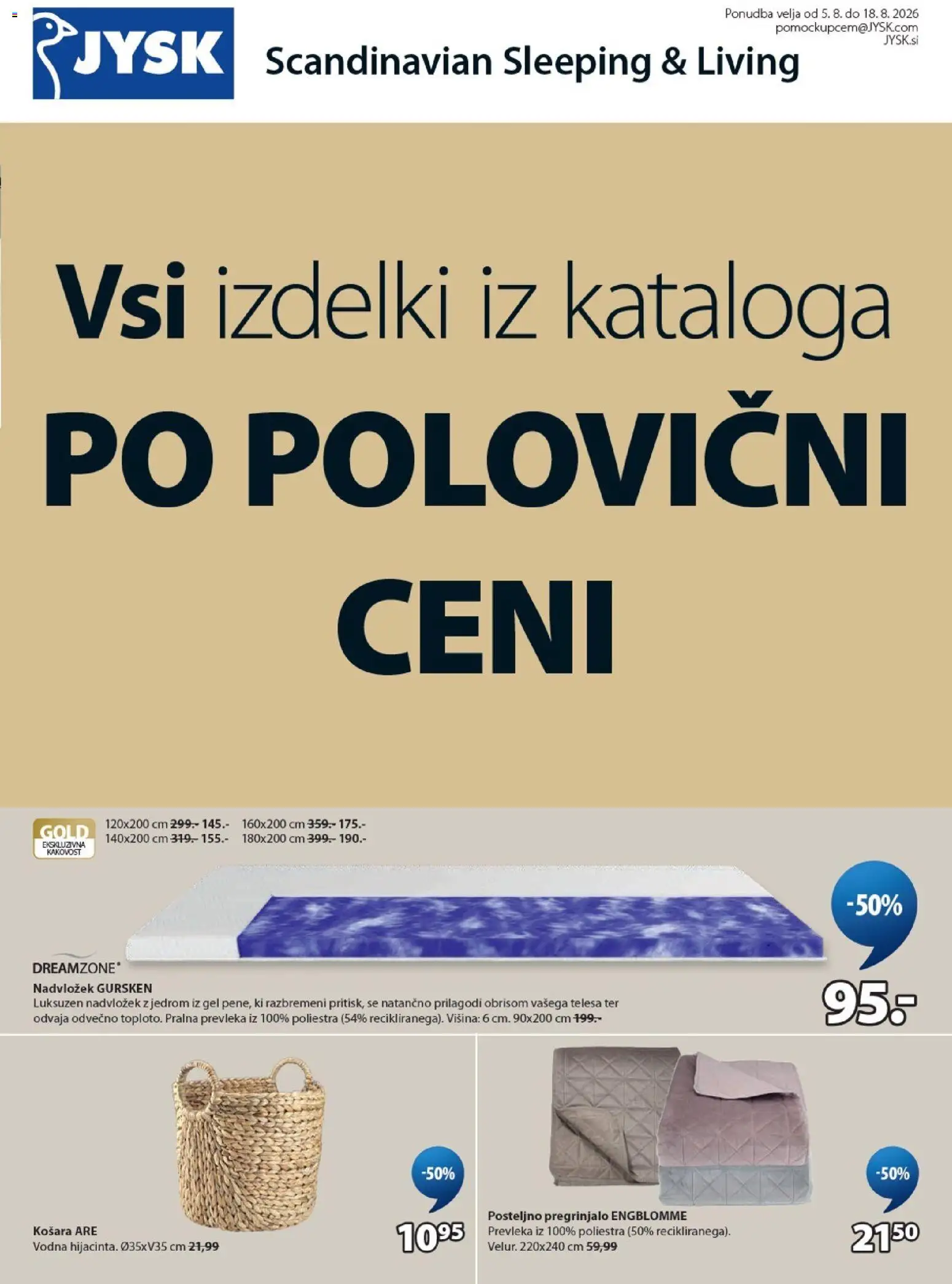 Novi JYSK katalog ponudbe – veljaven od 05.08.2026 | Stran: 1 | Izdelki: Nadvložek, Košara, Pregrinjalo, Prevleka