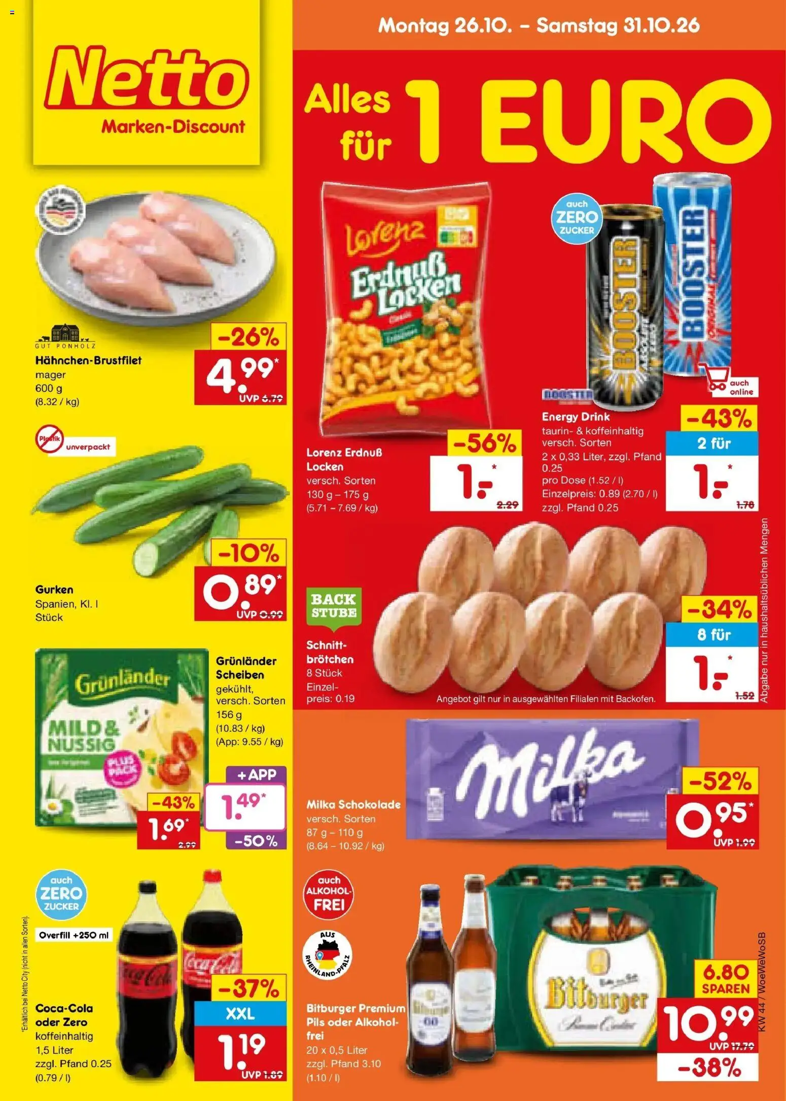 Netto Marken-Discount Prospekt Ludwigshafen-Edigheim – gültig ab 26.10.2026 | Seite: 1 | Produkte: Bitburger, Milka schokolade, Grunlander, Gurken