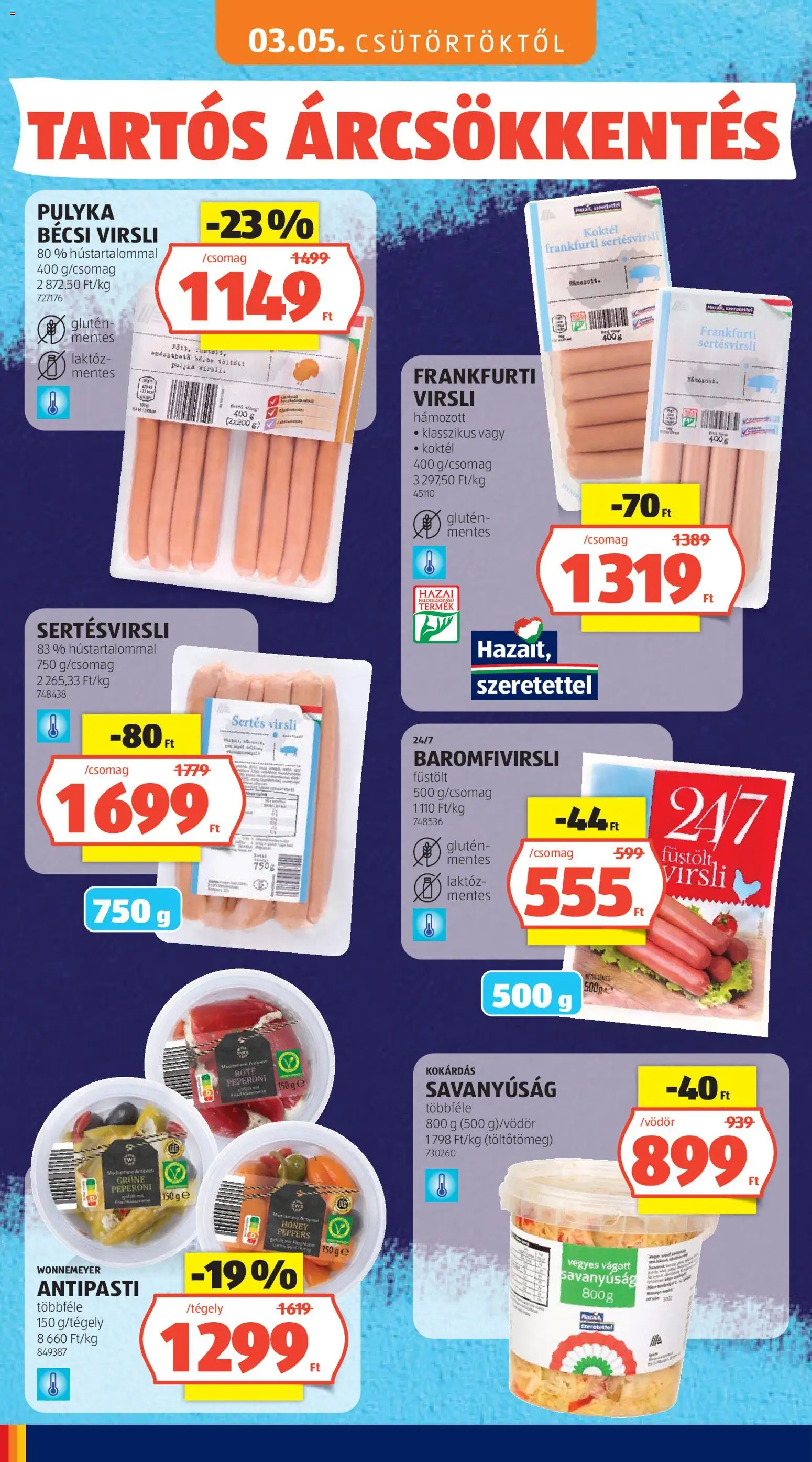 Aldi akciós ujság - amely érvényes a következő dátumtól: 03.05.2026 | Oldal: 8 | Termékek: Virsli, Frankfurti virsli, Antipasti