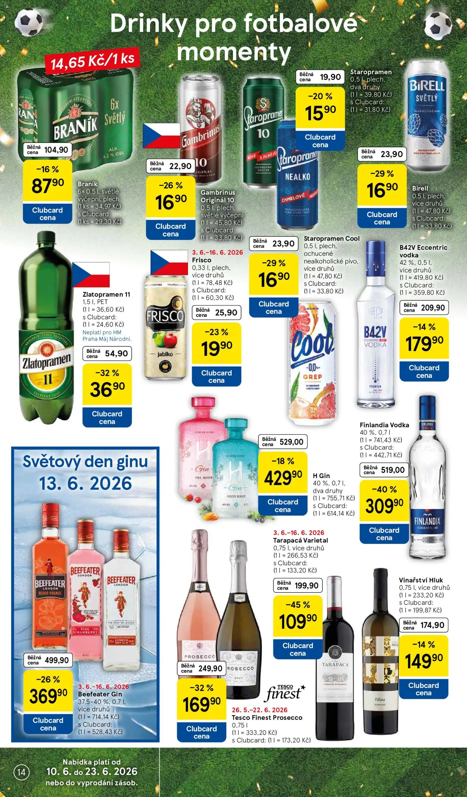 Tesco leták - Hypermarket od 10.06.2026 | Strana: 14 | Produkty: Zlatopramen, Prosecco, Staropramen, Finlandia vodka