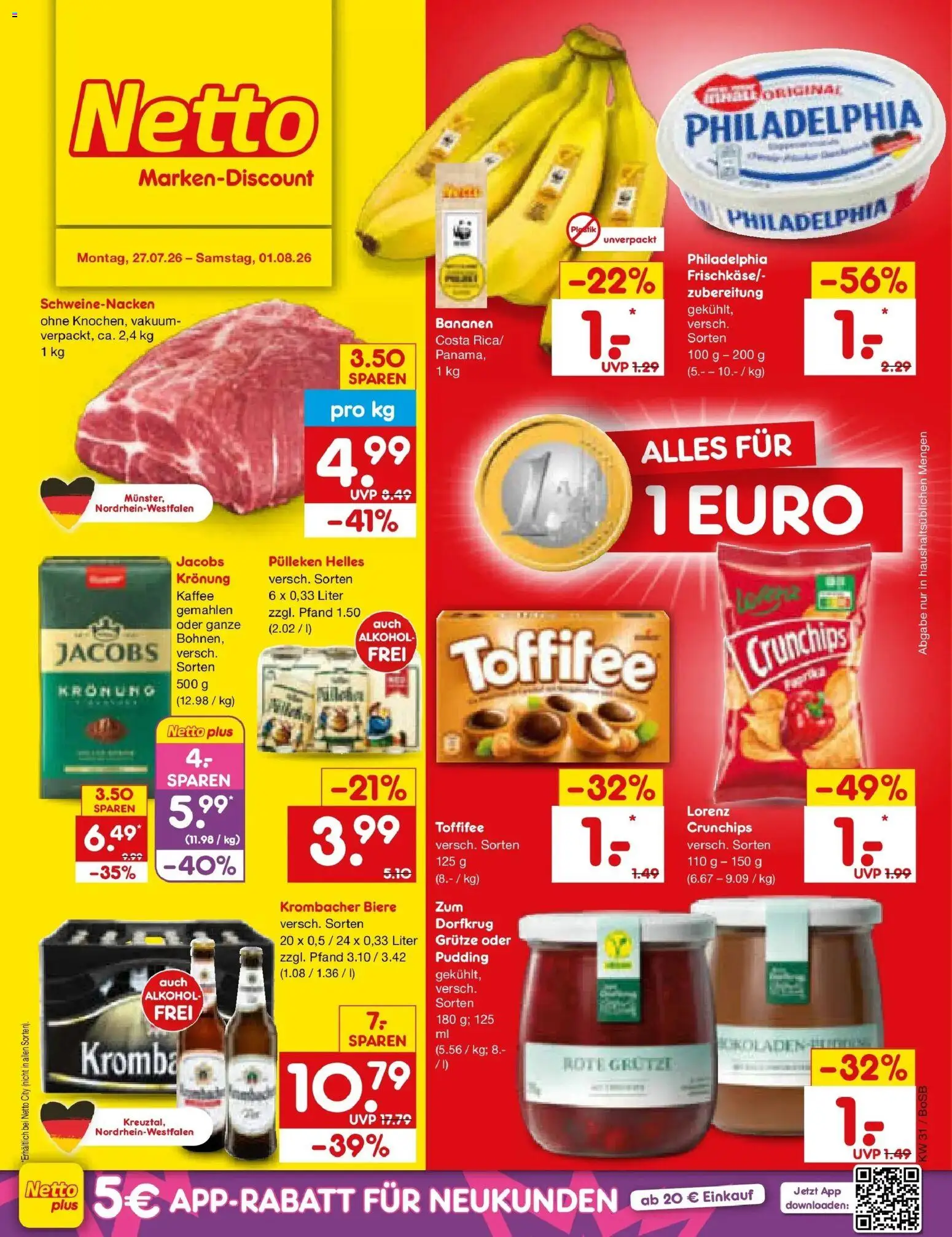 Netto Marken-Discount Prospekt Bochum – gültig ab 27.07.2026 | Seite: 1 | Produkte: Kaffee, Bananen, Pudding, Krombacher