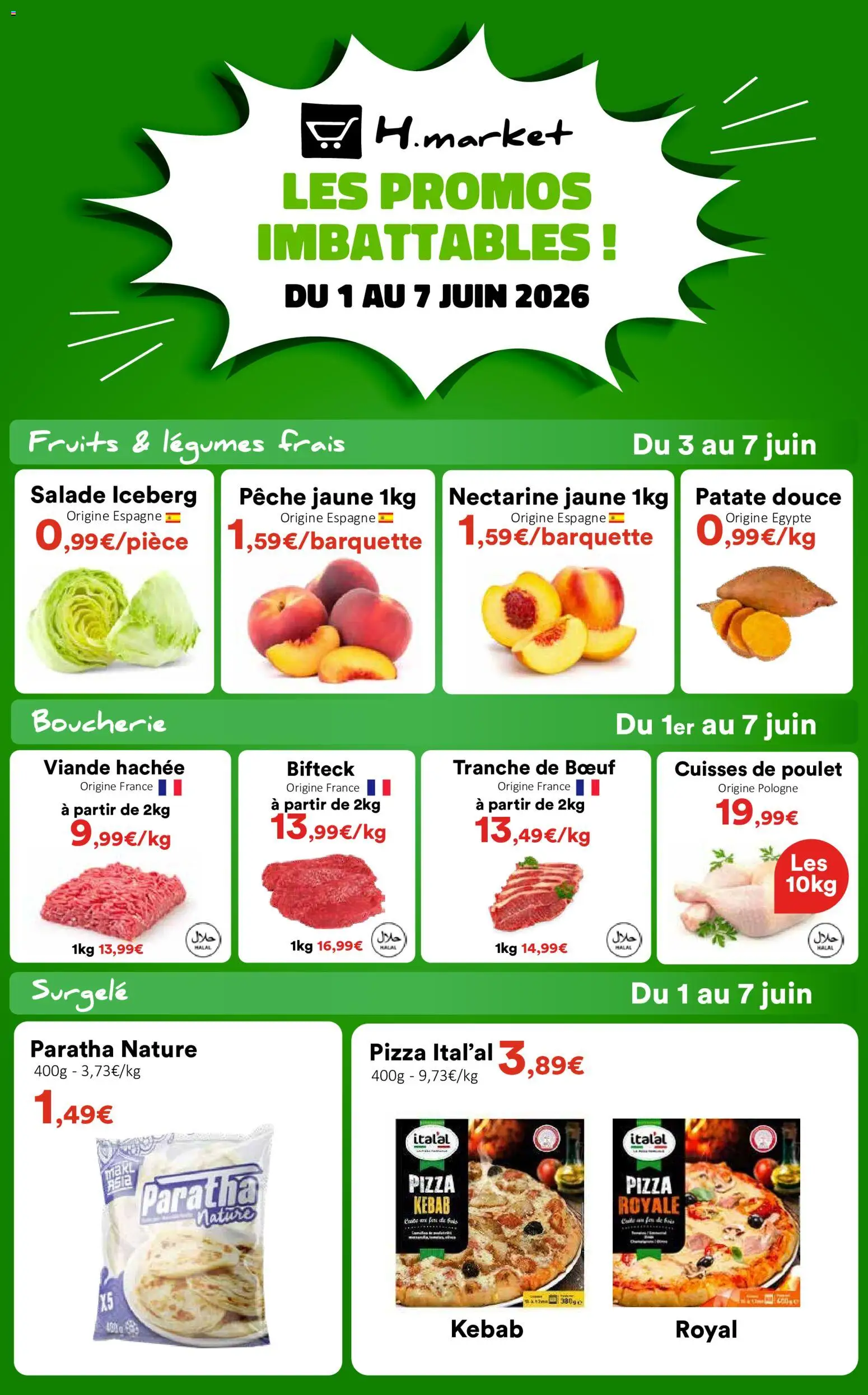 {H1} | Page: 1 | Produits: Nectarine, Patate douce, Viande hachée, Pizza