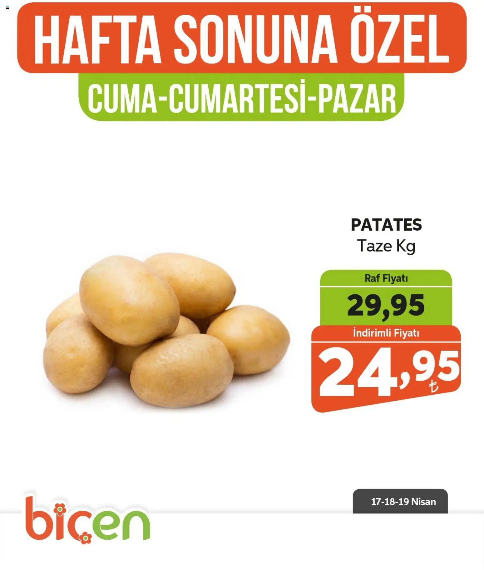 Biçen Market Hafta Sonuna Özel - Sebze İndirimi - 17.04.2026 tarihinden itibaren geçerlidir | Sayfa: 11 | Ürünler: Raf, Patates