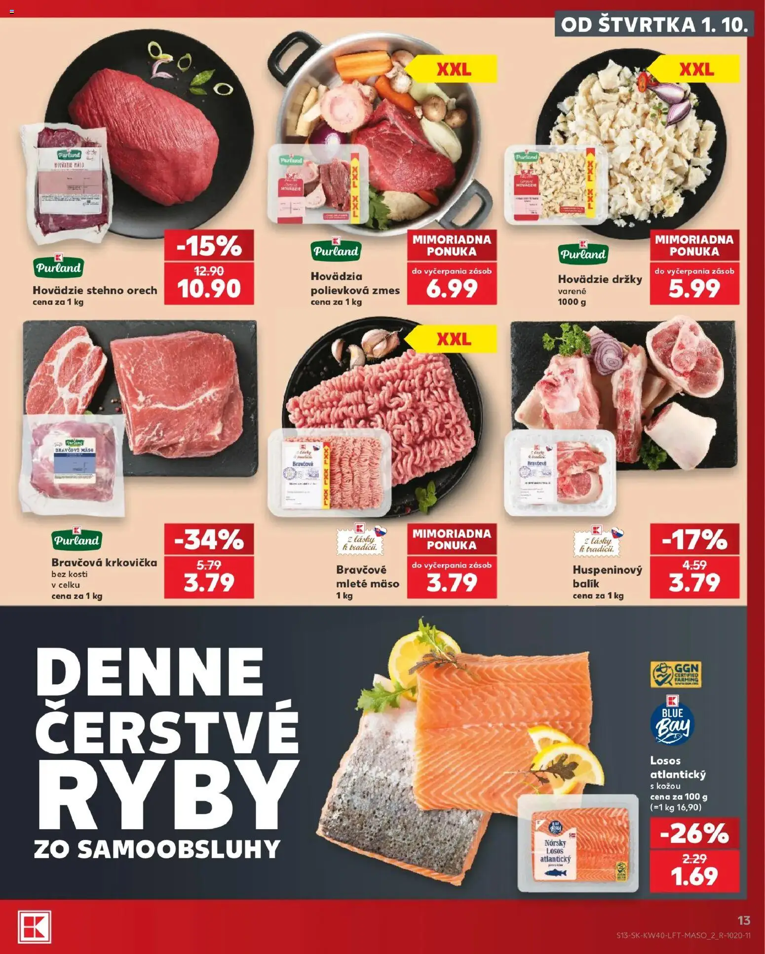 Nové Kaufland akcie – leták je platný od 01.10.2026 | Strana: 13 | Produkty: Ryby, Mäso, Losos, Mleté mäso