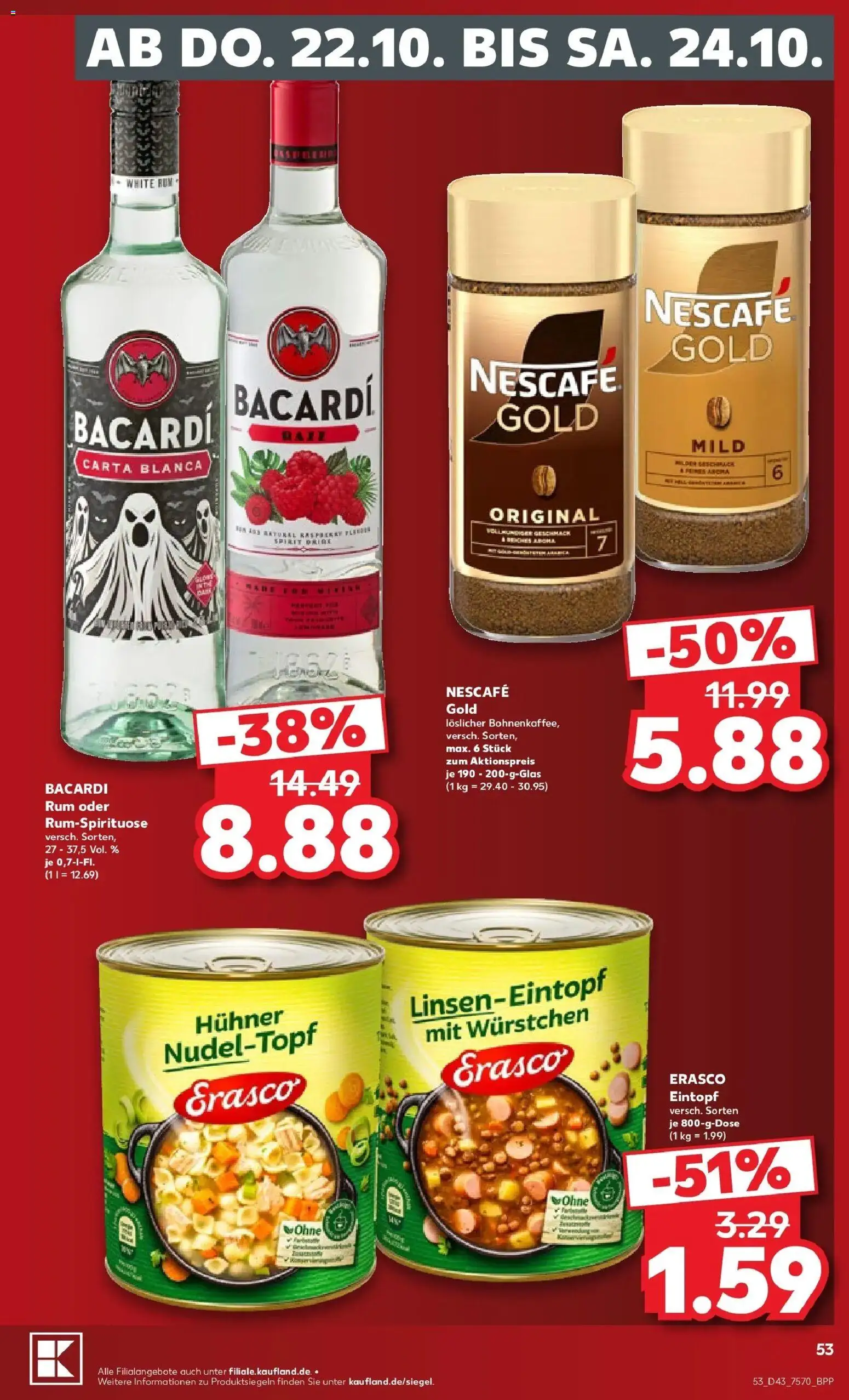 Prospekt Kaufland ab 19.10.2026 » Angebote Online zum Blättern | Seite: 57 | Produkte: Bacardi, Nescafe, Erasco, Nescafe gold