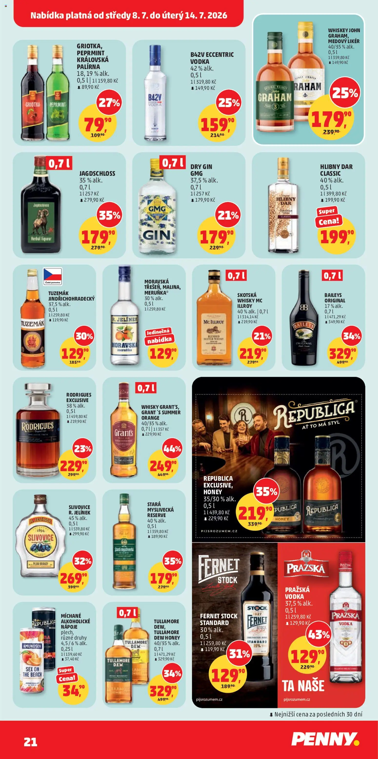 Penny Market leták od 08.07.2026 | Strana: 21 | Produkty: Brandy, Stará myslivecká, Slivovice, Dry gin