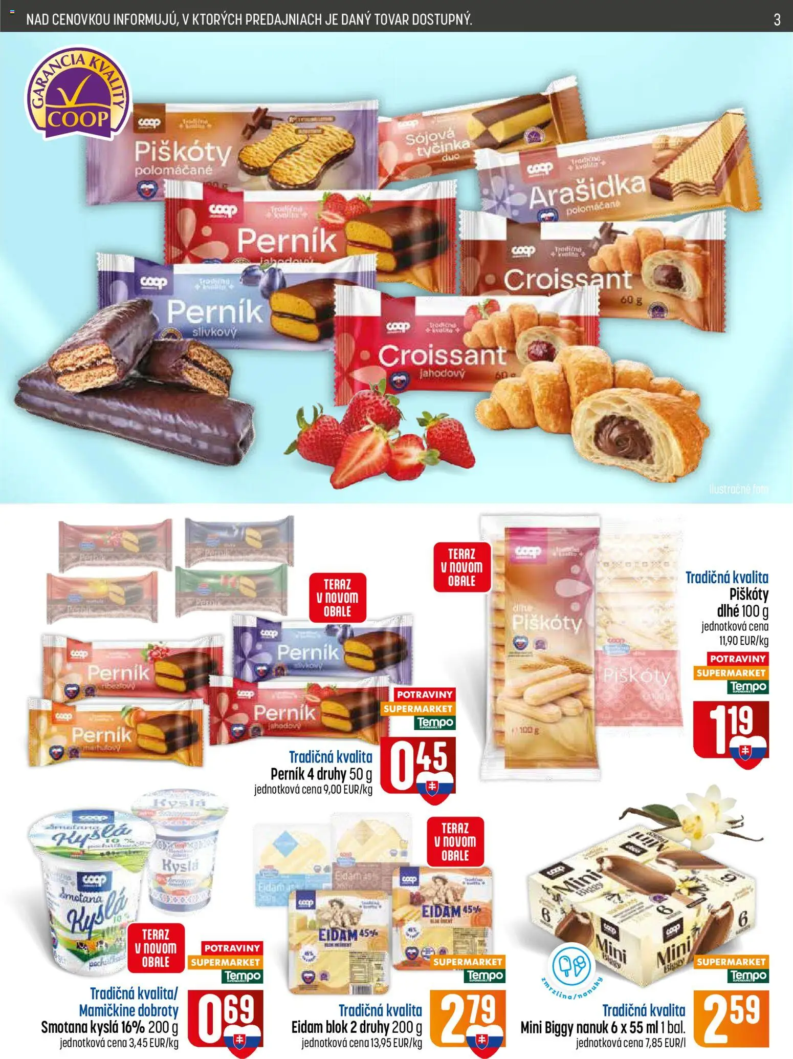 Nové COOP Jednota akcie – leták je platný od 18.06.2026 | Strana: 3 | Produkty: Croissant, Smotana, Eidam, Nanuk