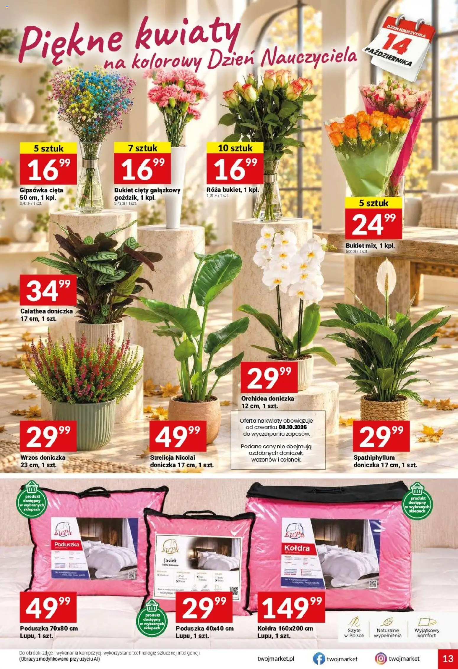 Twój Market gazetka od 07.10.2026 | Strona: 13 | Produkty: Kołdra 160x200, Poduszka 70x80, Kołdra, Kwiaty