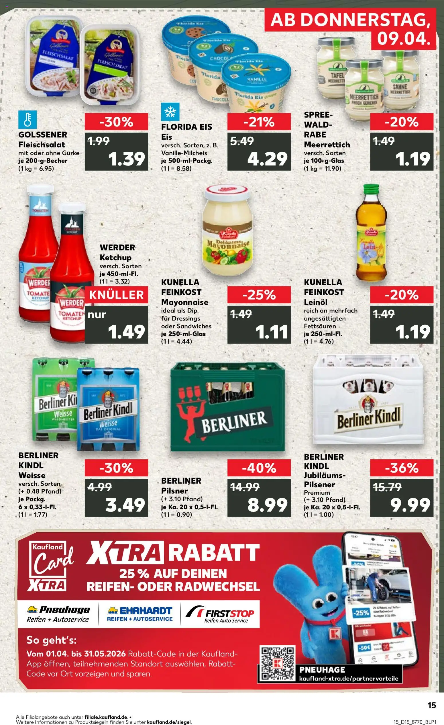 Kaufland Prospekt – gültig ab 09.04.2026 | Seite: 15 | Produkte: Berliner, Leinöl, Tomaten, Eis