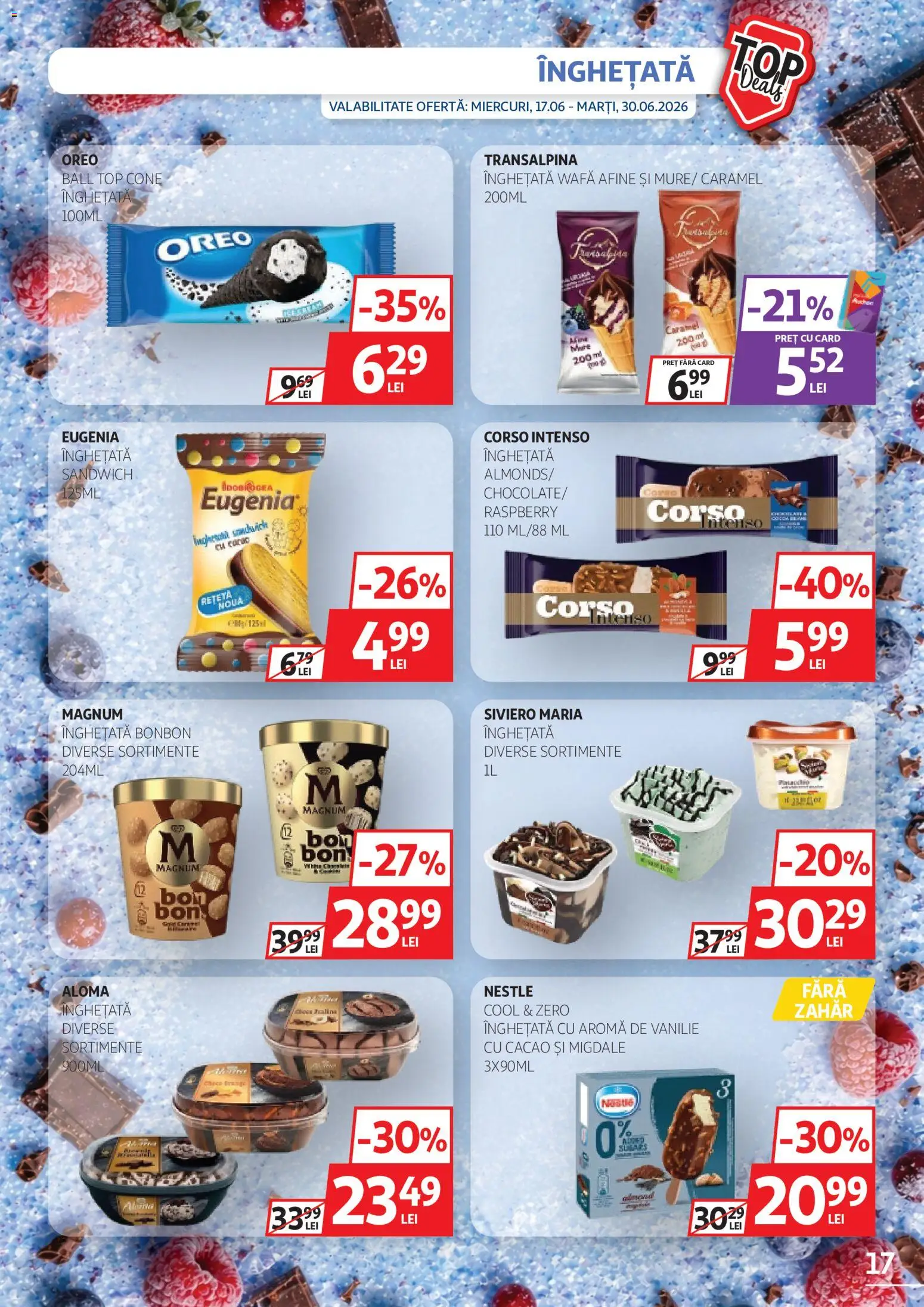 Noul catalog Auchan – valabil de la 17.06.2026 | Pagină: 17 | Produse: Top, Migdale, Cacao, Înghețată
