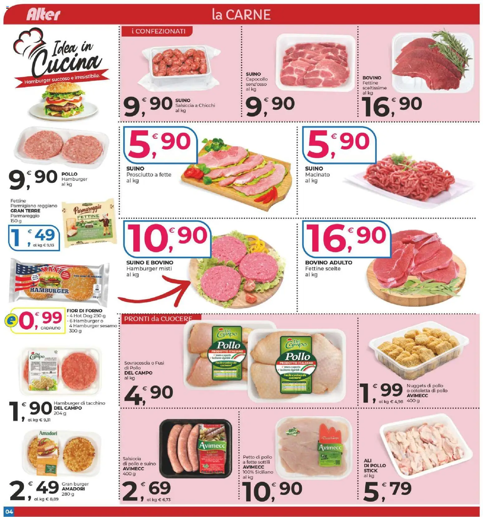 Volantino Alter Discount del 10.06.2026 | Pagina: 4 | Prodotti: Suino, Tacchino, Parmigiano, Hamburger