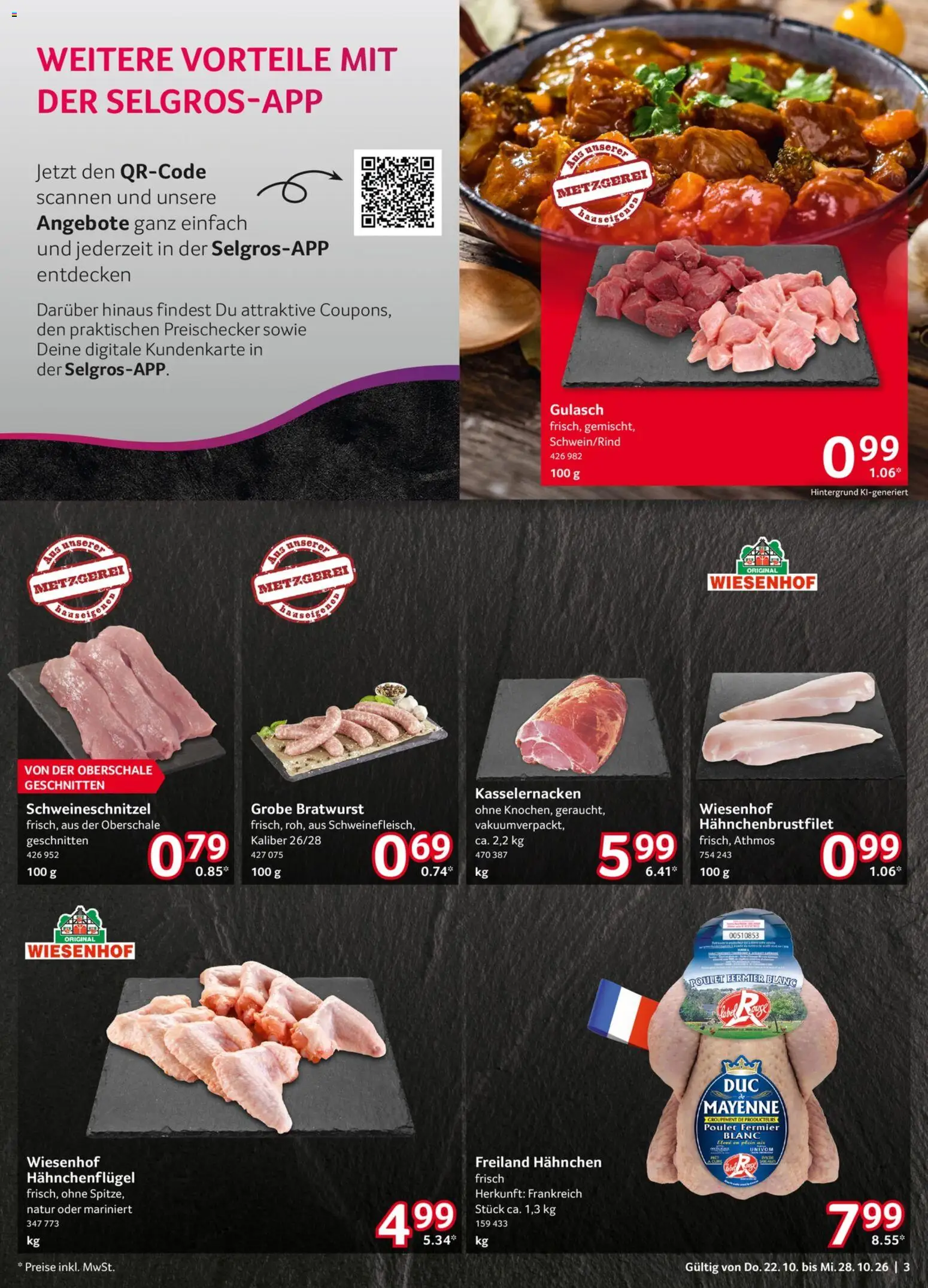 Selgros Prospekt – gültig ab 22.10.2026 | Seite: 3 | Produkte: Hahnchen, Bratwurst, Gulasch