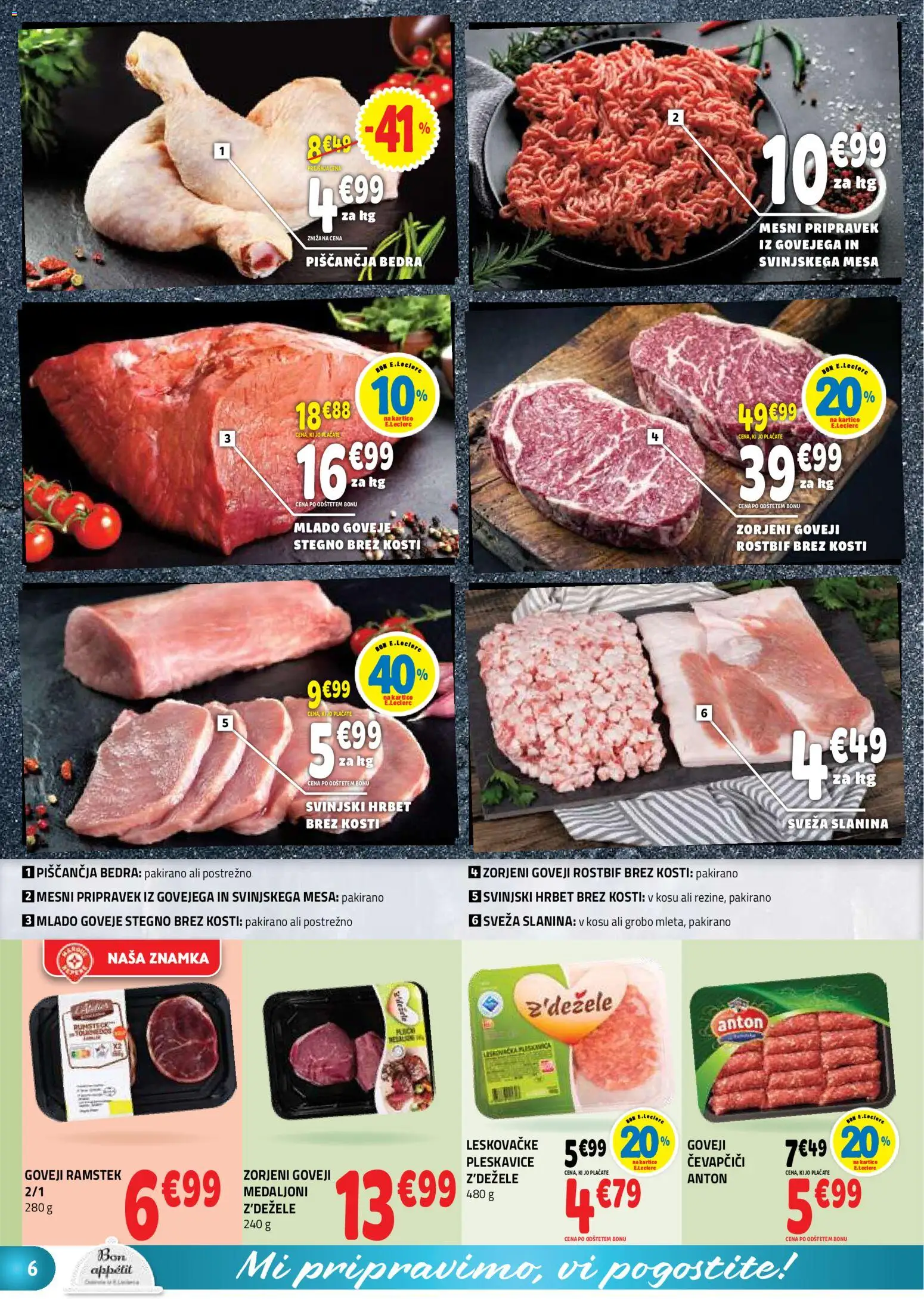 Novi E.leclerc katalog ponudbe – veljaven od 09.09.2026 | Stran: 6 | Izdelki: Čevapčiči, Piščančja bedra, Pleskavice, Slanina